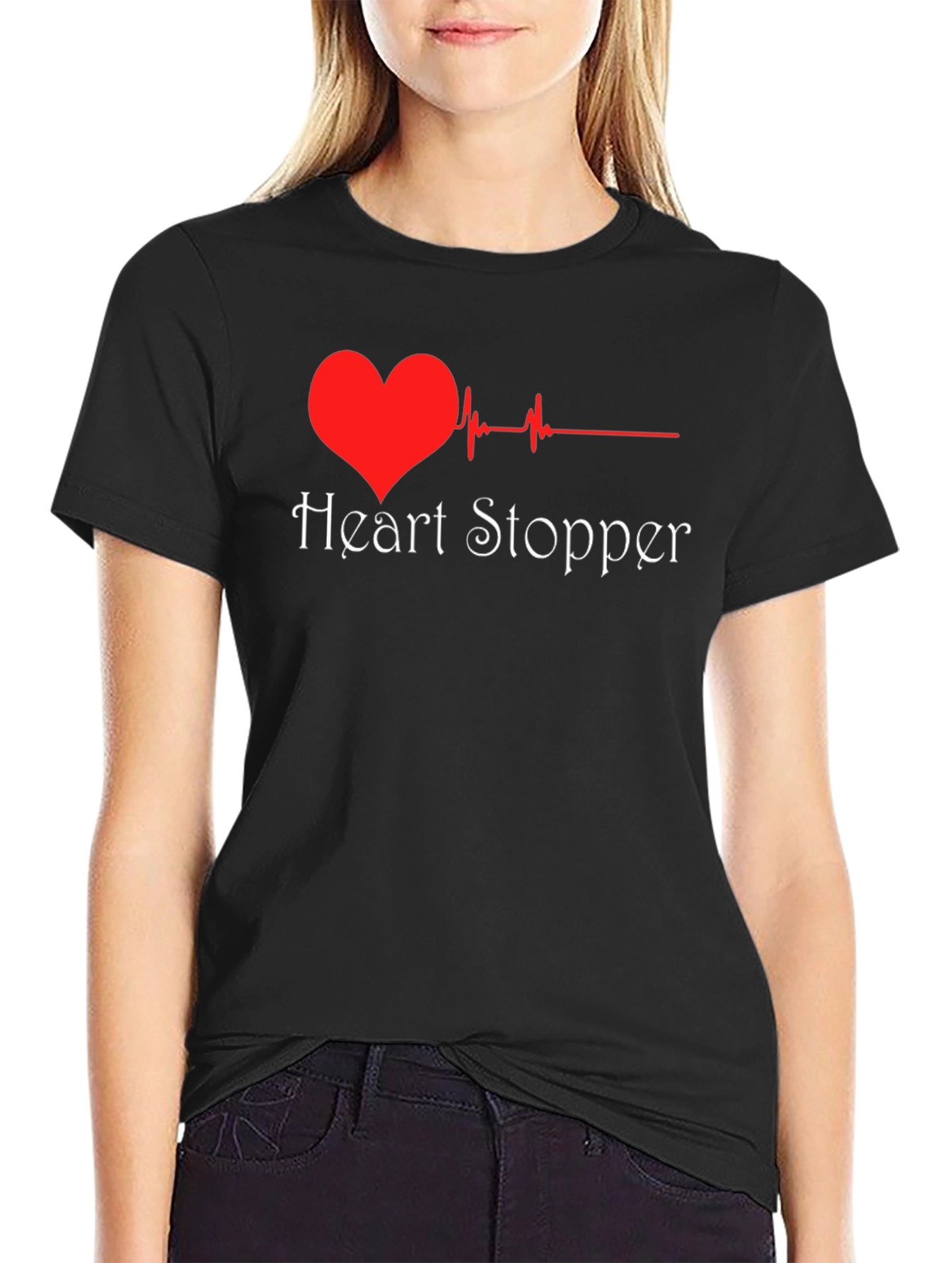 Black Heart Stopper T-Shirt - Heartbeat Design view 2
