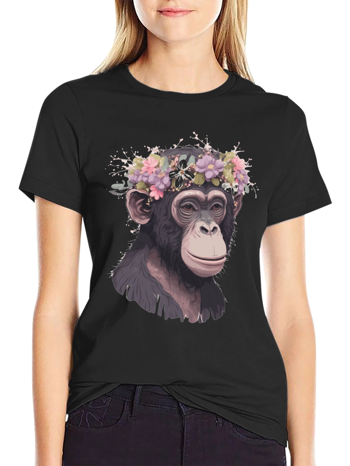 Black Monkey Flower Crown T-Shirt - Artistic Animal Tee view 2