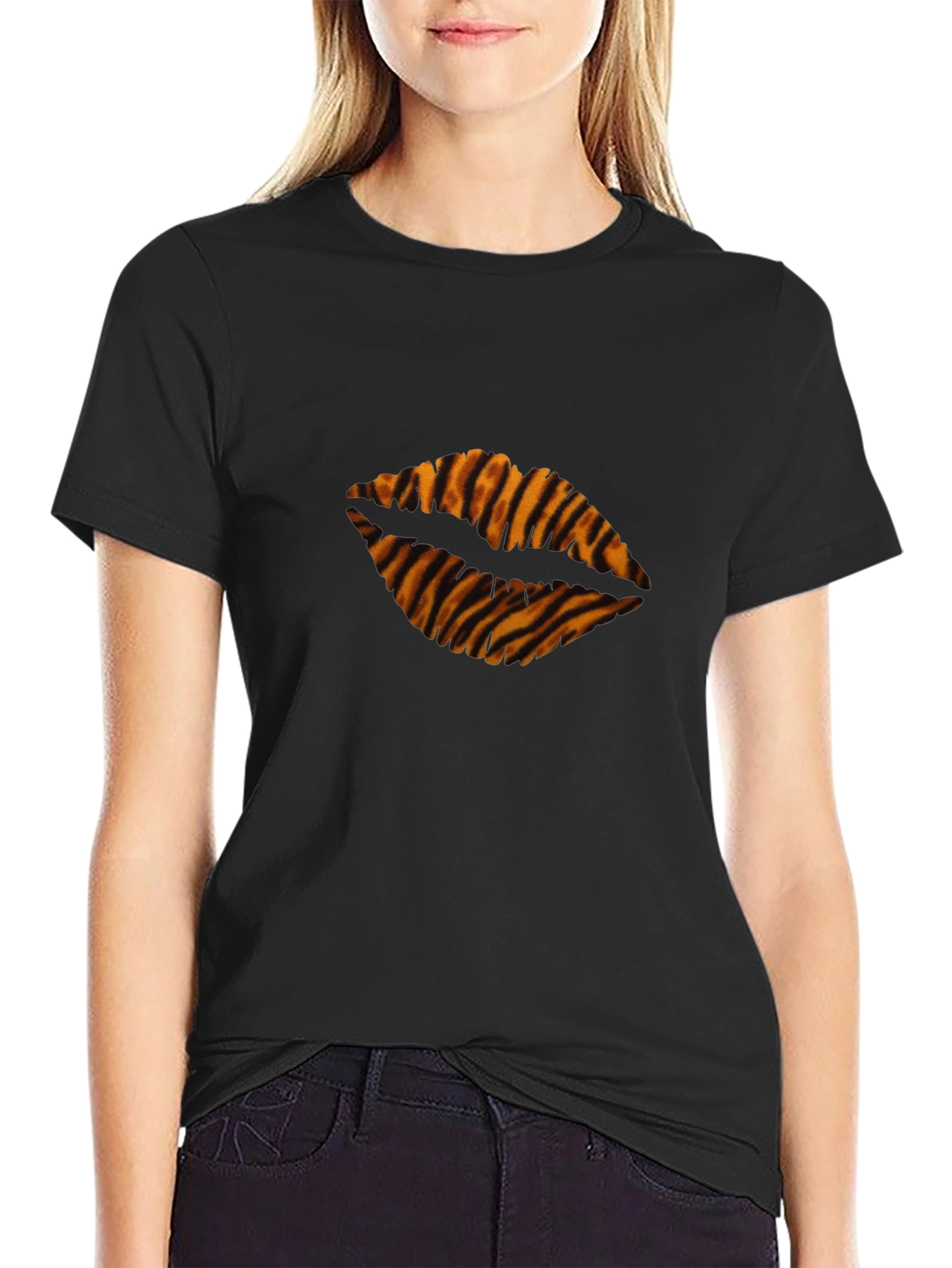 Black Tiger Stripe Lips Black T-Shirt view 2