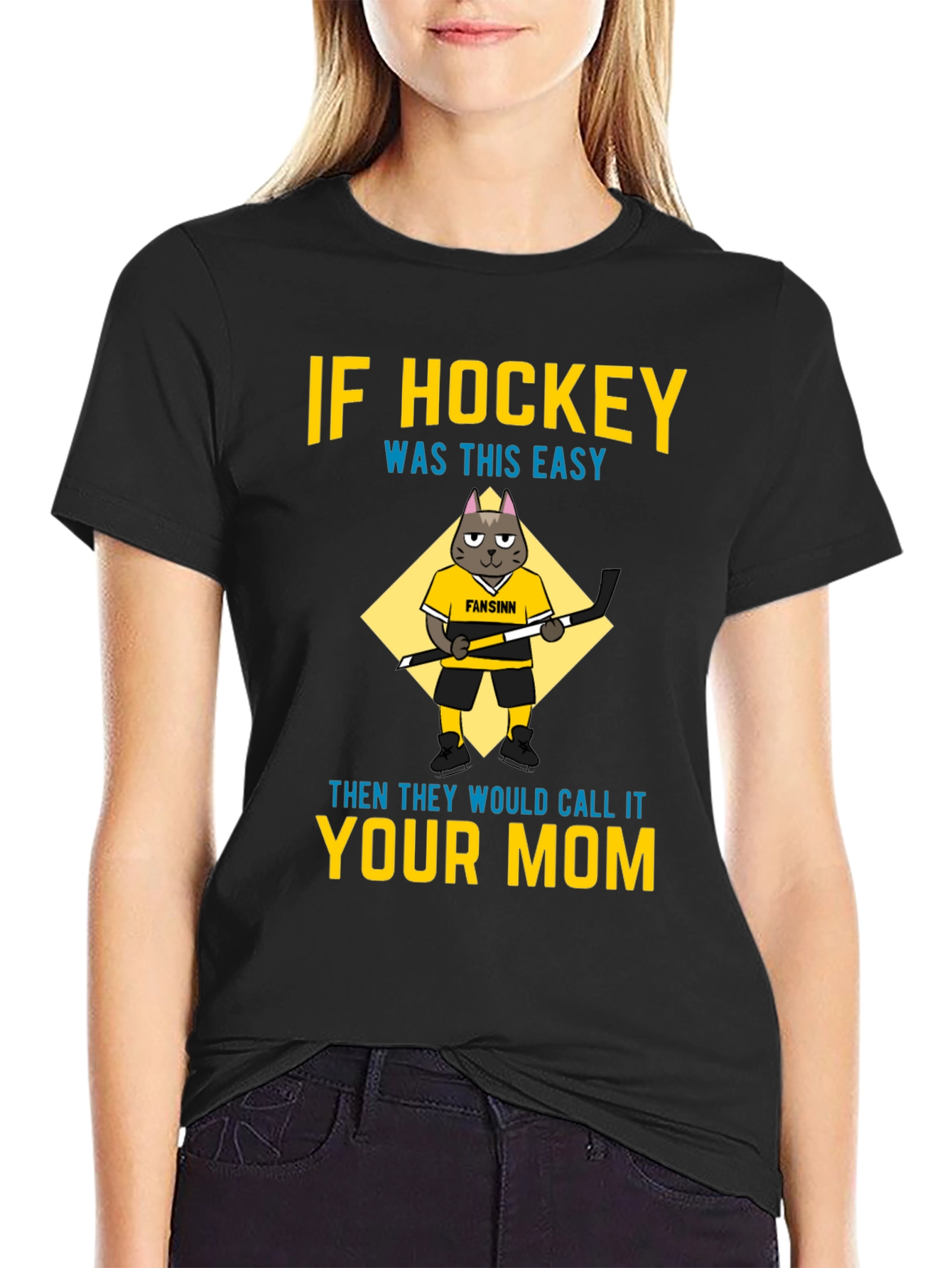 Black Funny Hockey Mom T-Shirt - Cat Graphic Tee view 2