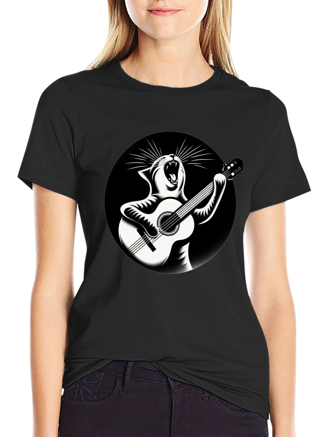 Black Cat Playing Guitar Graphic T-Shirt view 2