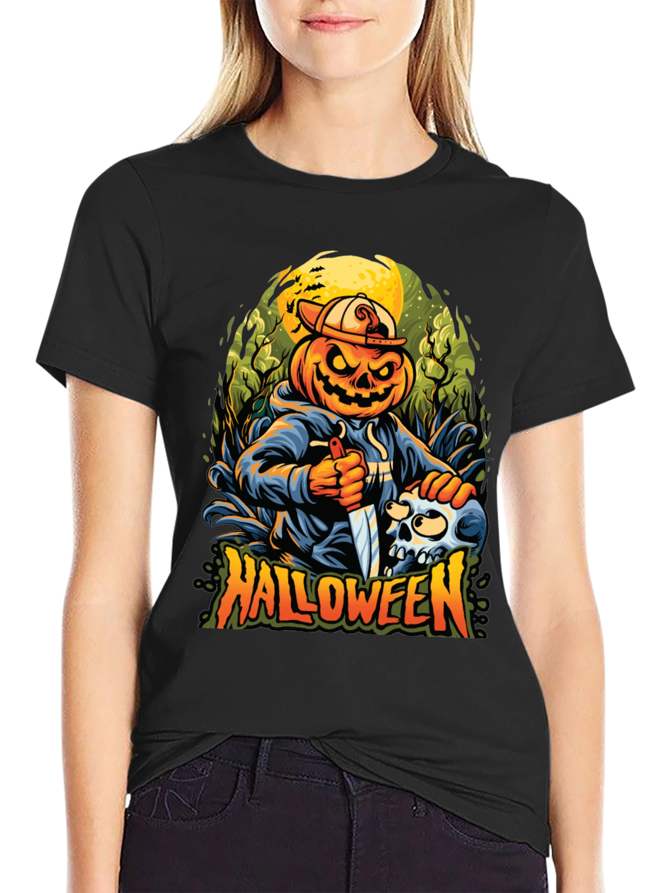 Black Halloween Pumpkin Skull Graphic Tee view 2
