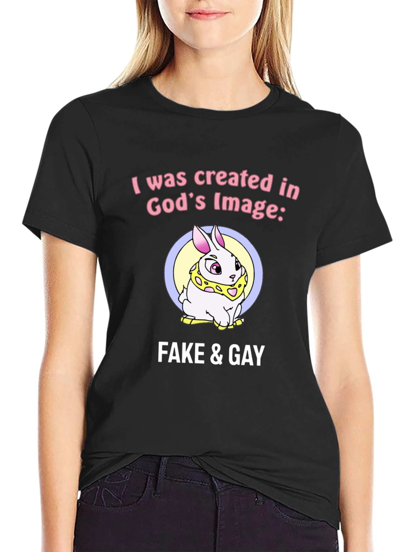 Black Funny Graphic Tee - "Fake & Gay" Bunny T-Shirt view 2
