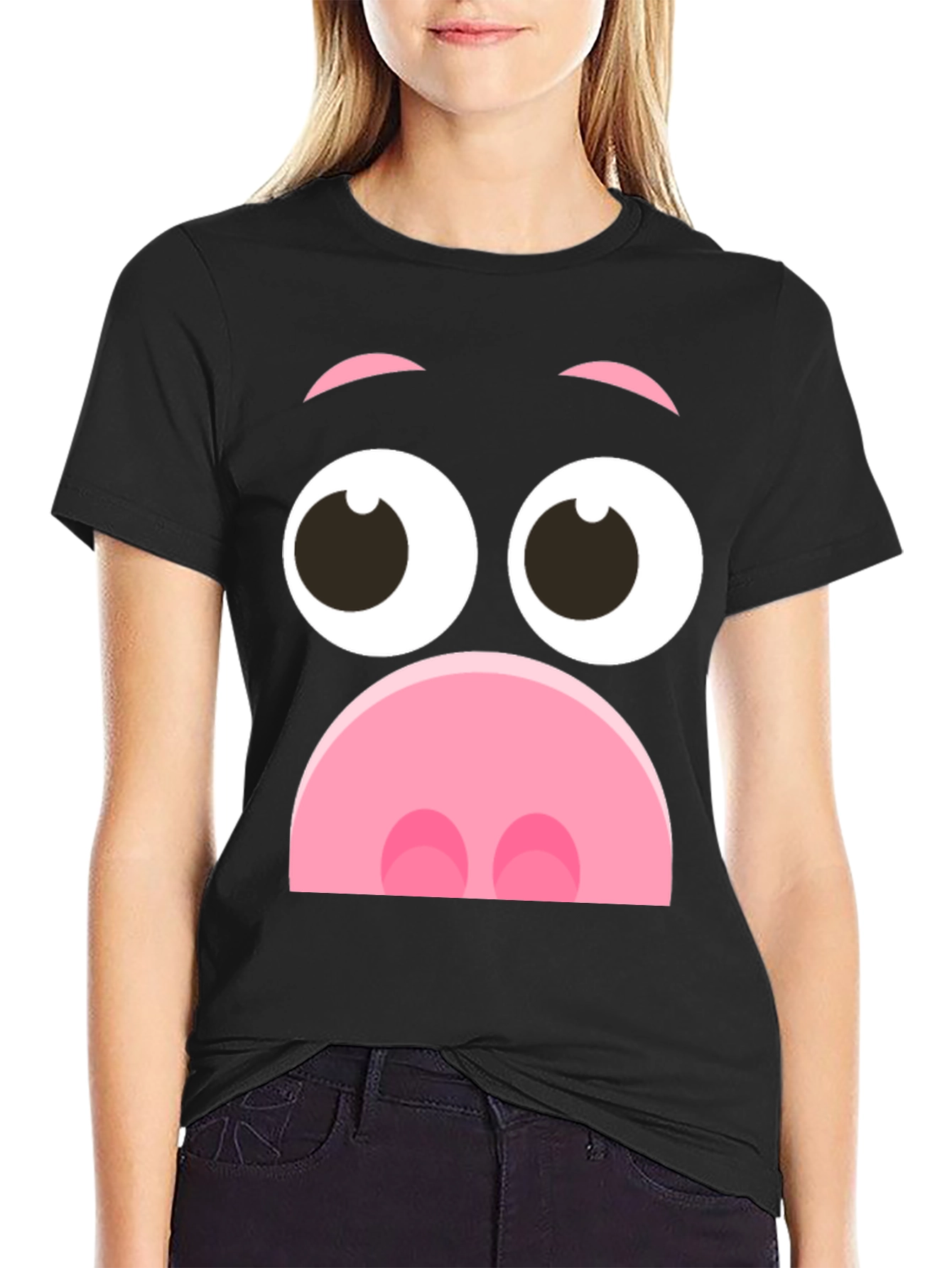 Black Funny Pig Face Graphic T-Shirt - Novelty Cartoon Tee view 2