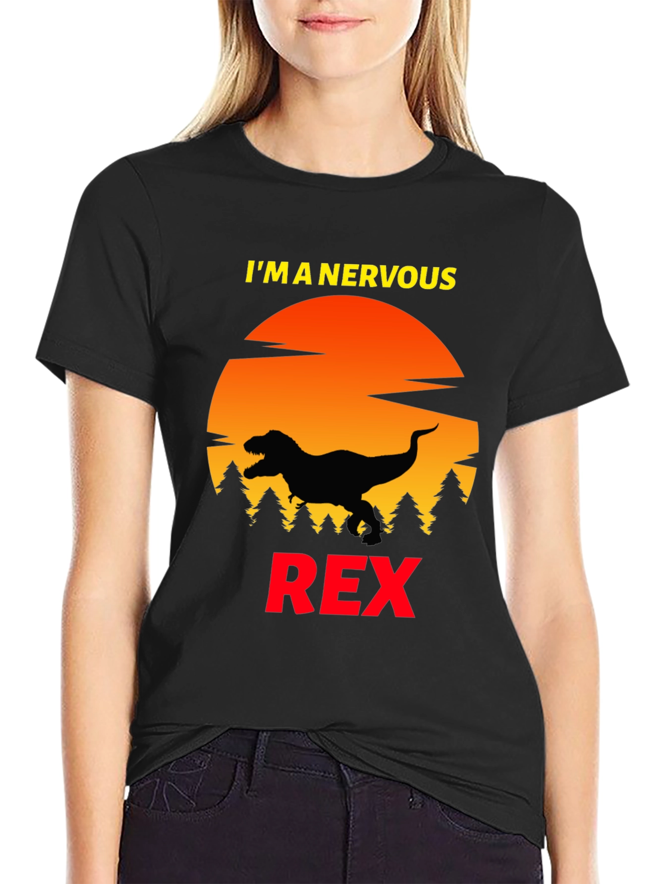 Black Nervous Rex T-Shirt - Funny Dinosaur Tee view 2