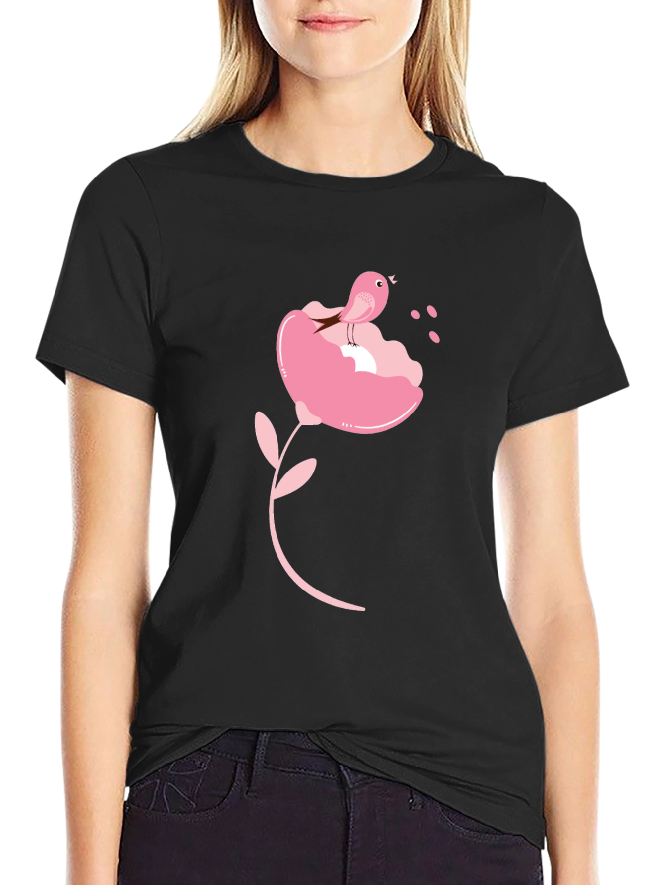 Black Bird on Flower Graphic Tee - Stylish Black T-Shirt view 2
