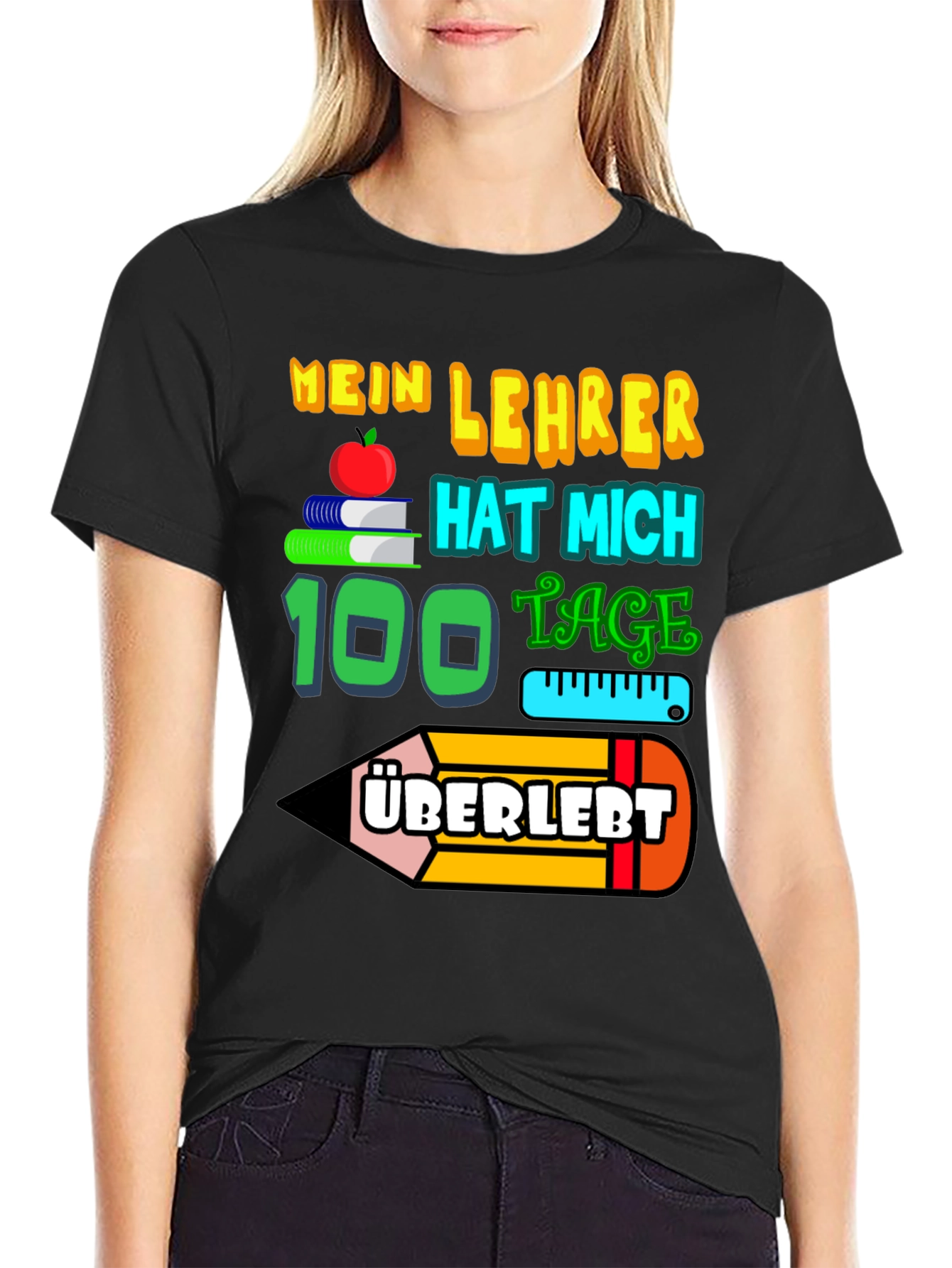 Black My Teacher Survived 100 Days T-Shirt view 2
