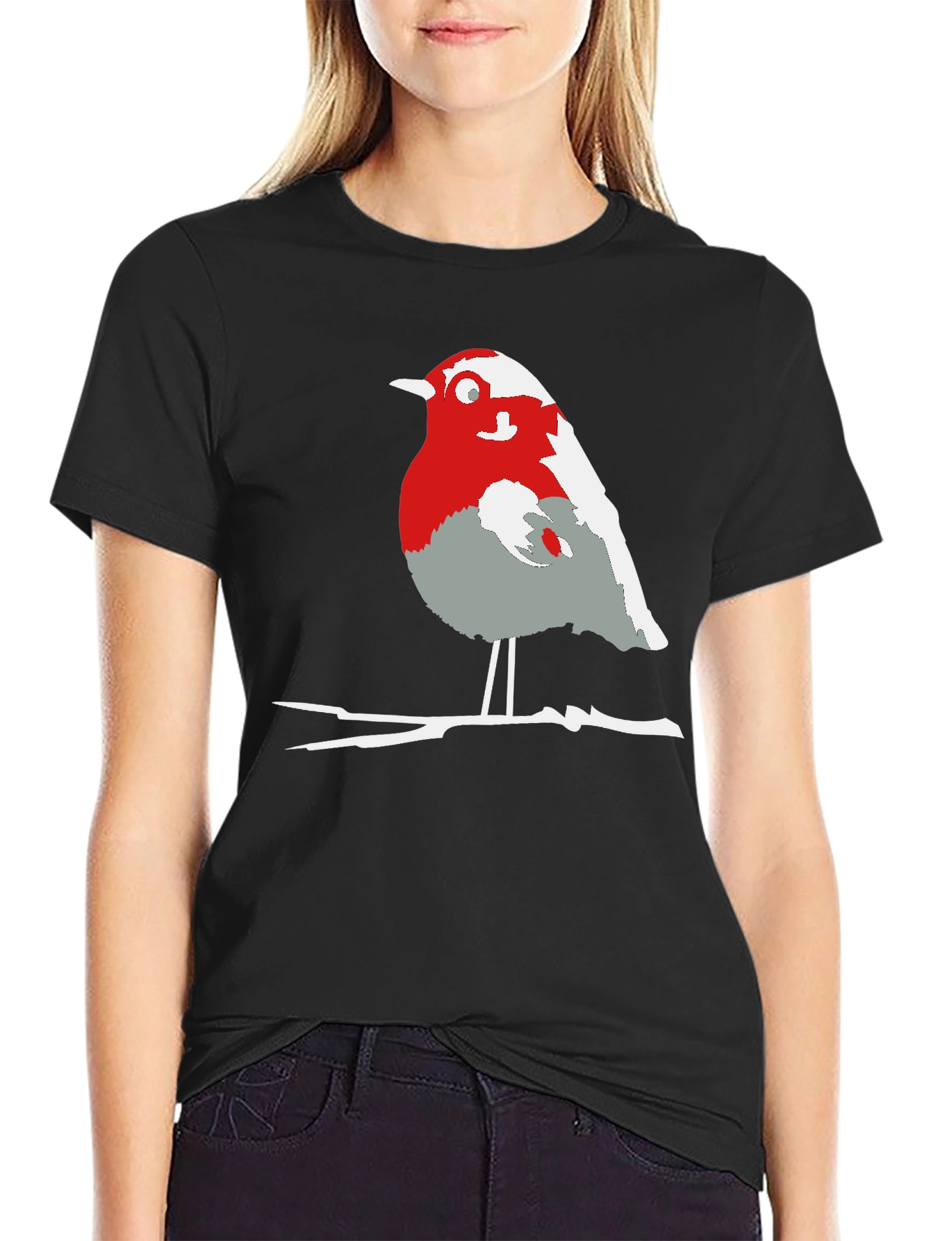 Black Robin Bird Graphic Tee - Casual Black T-Shirt view 2