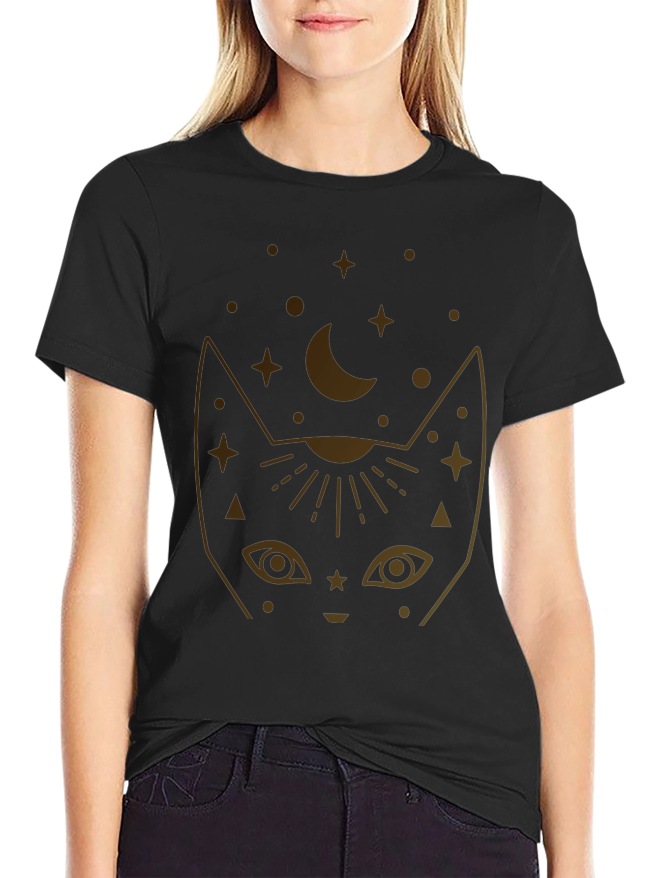 Black Mystic Cat T-Shirt - Celestial Feline Graphic Tee view 2