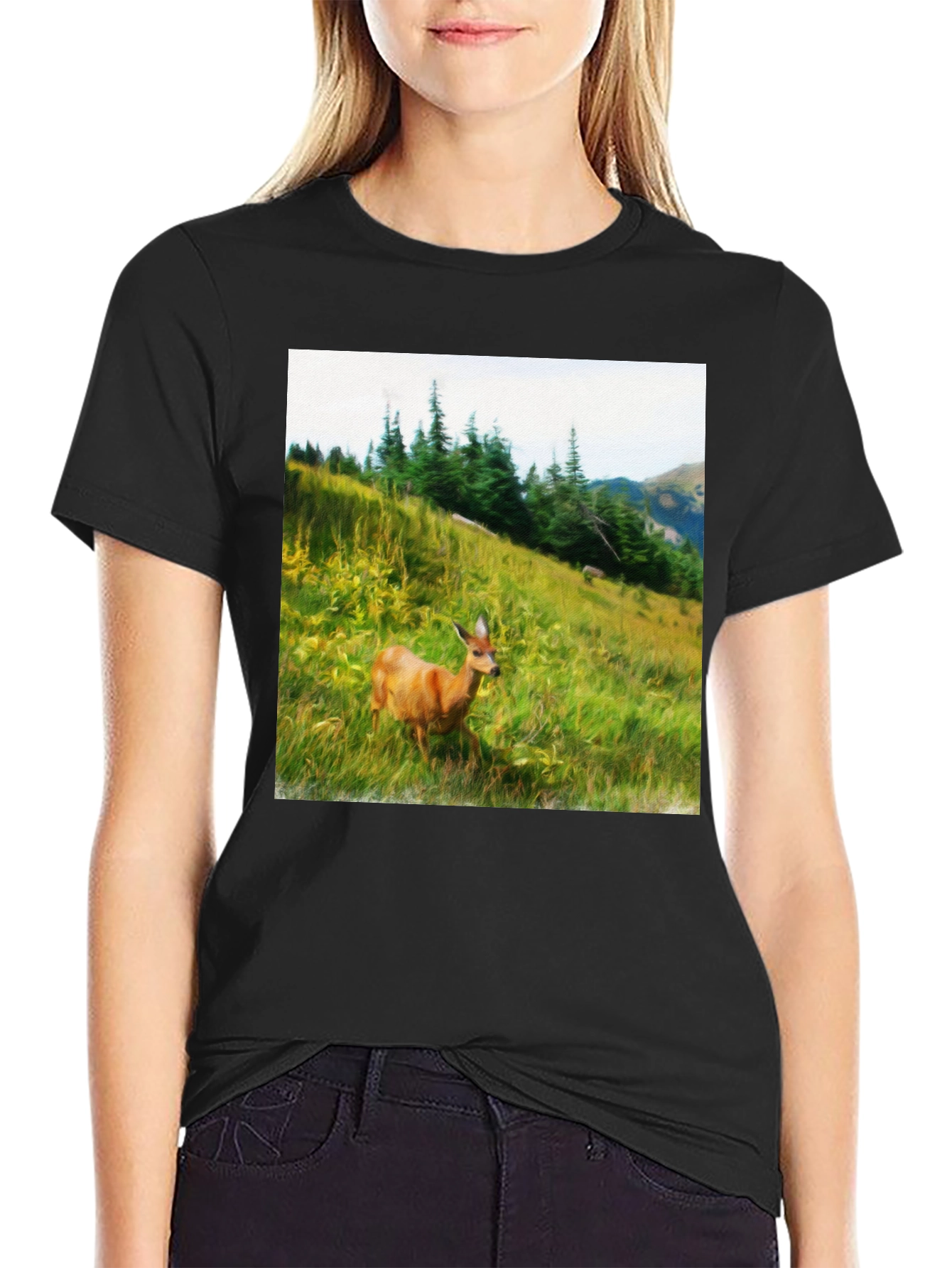 Black Nature Scene Deer Graphic Tee - Unisex Black T-Shirt view 2