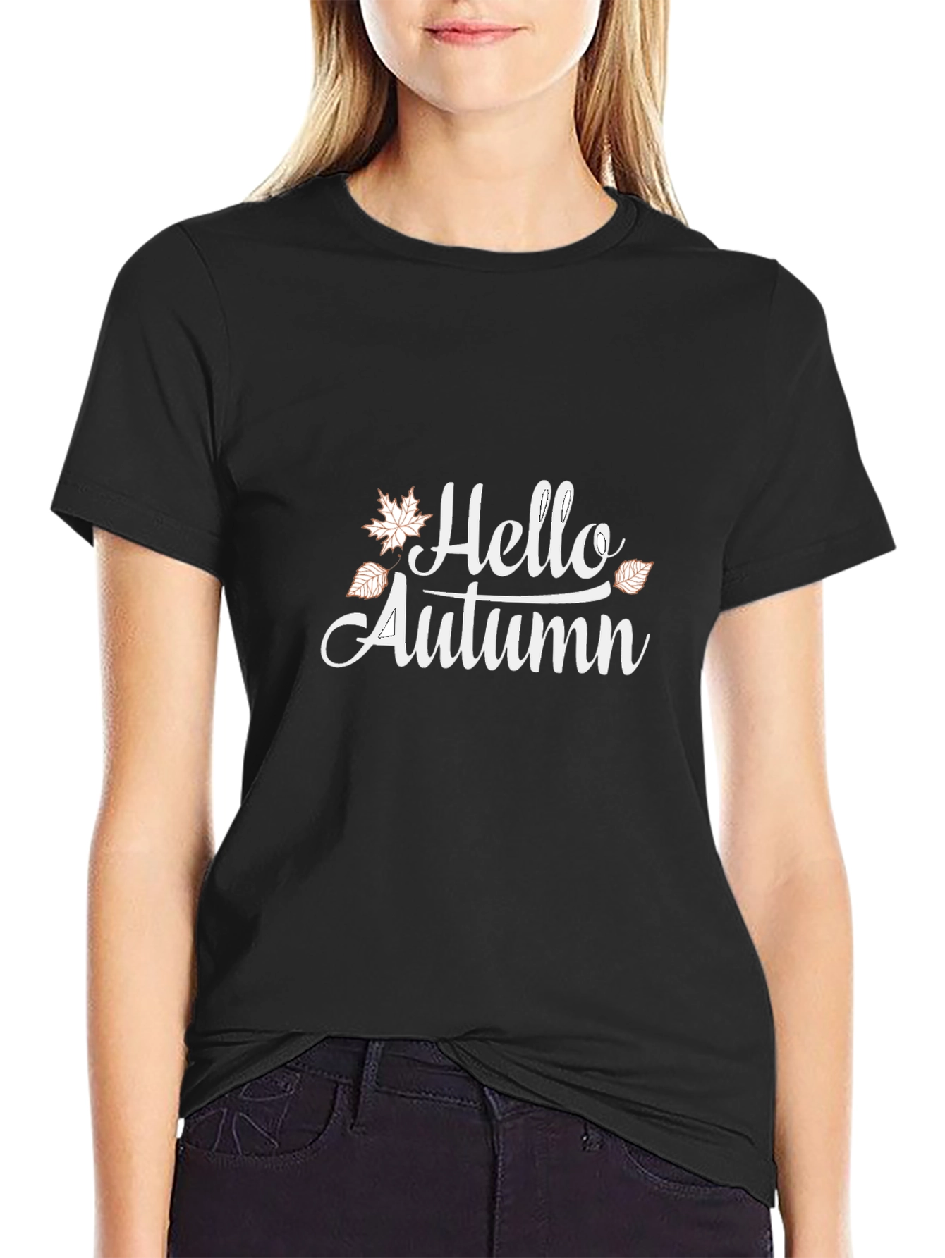 Black Hello Autumn Graphic Tee - Black Cotton T-Shirt view 2