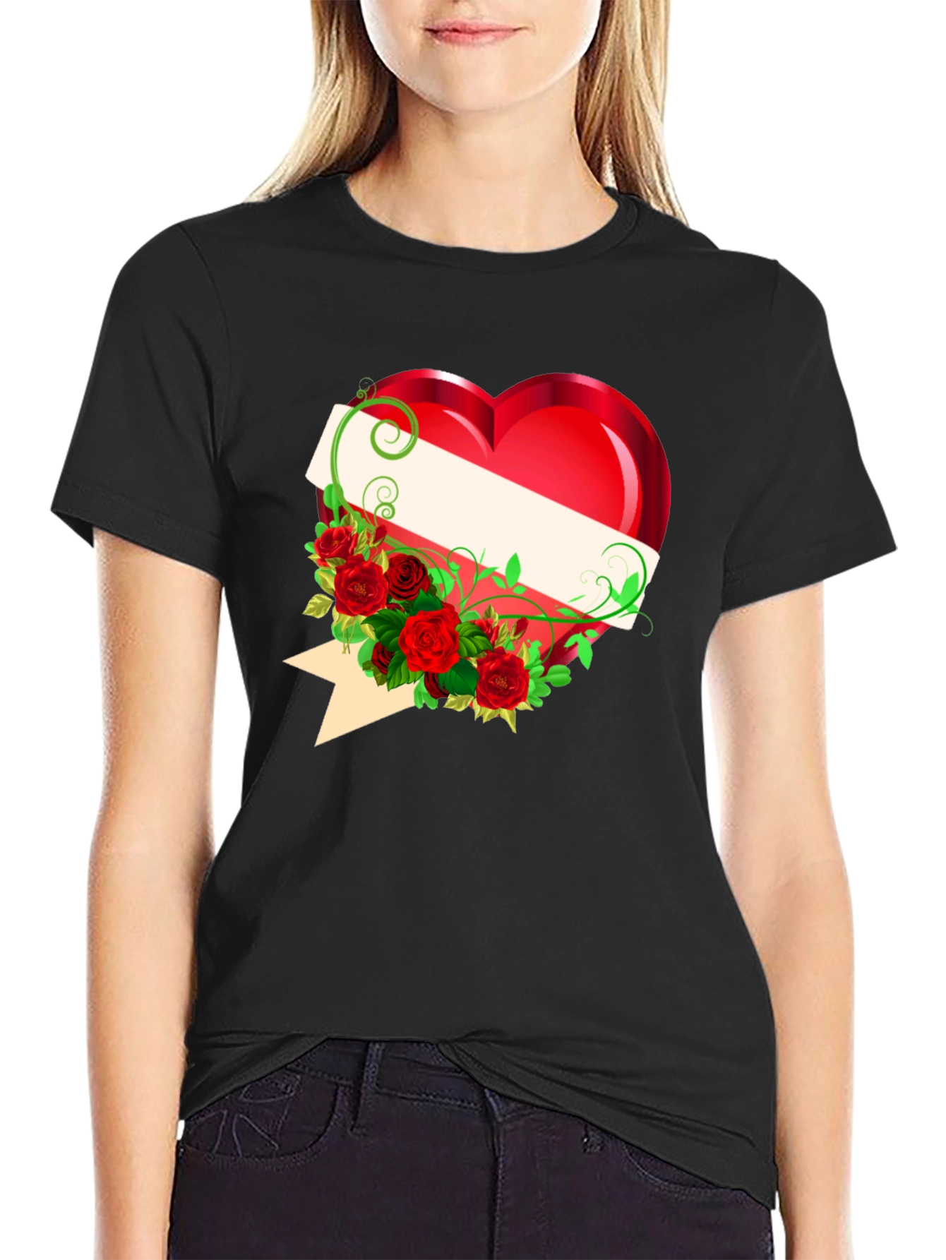 Black Heart & Roses Graphic Tee - Romantic Design T-Shirt view 2