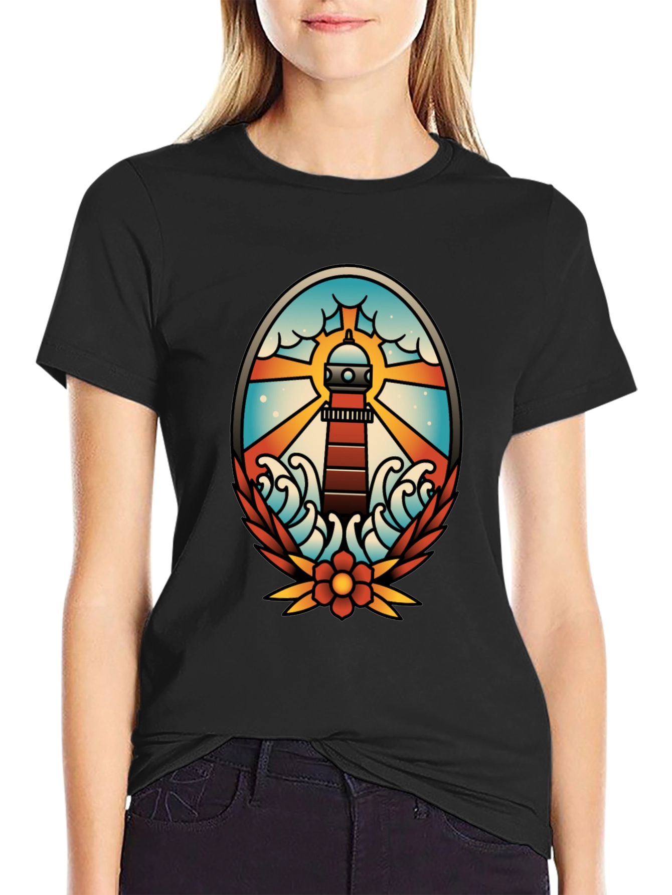 Black Lighthouse Tattoo Graphic T-Shirt - Black view 2
