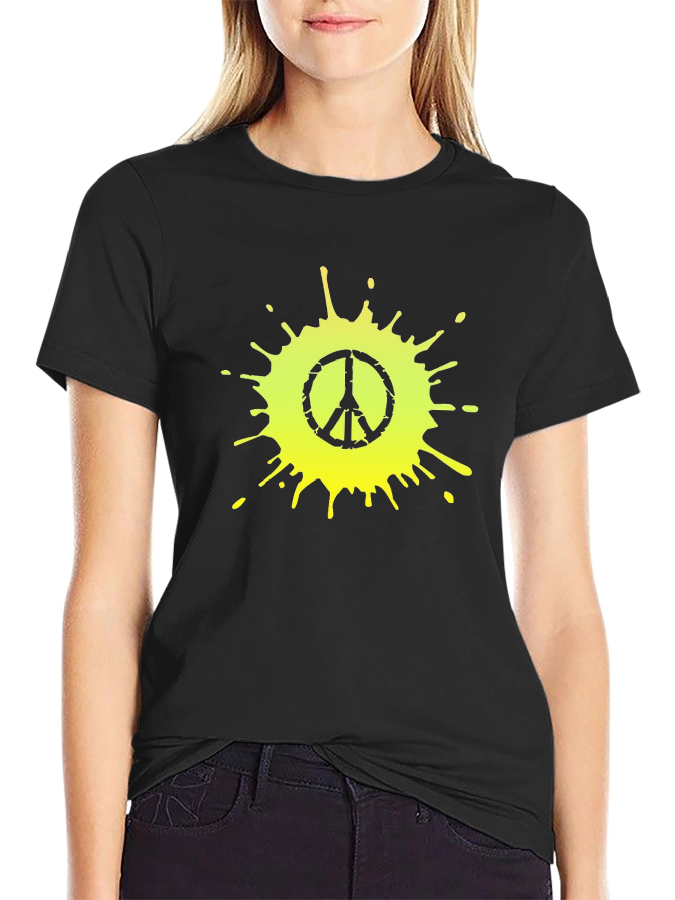 Black Peace Sign Splatter Graphic Tee - Black Cotton T-Shirt view 2
