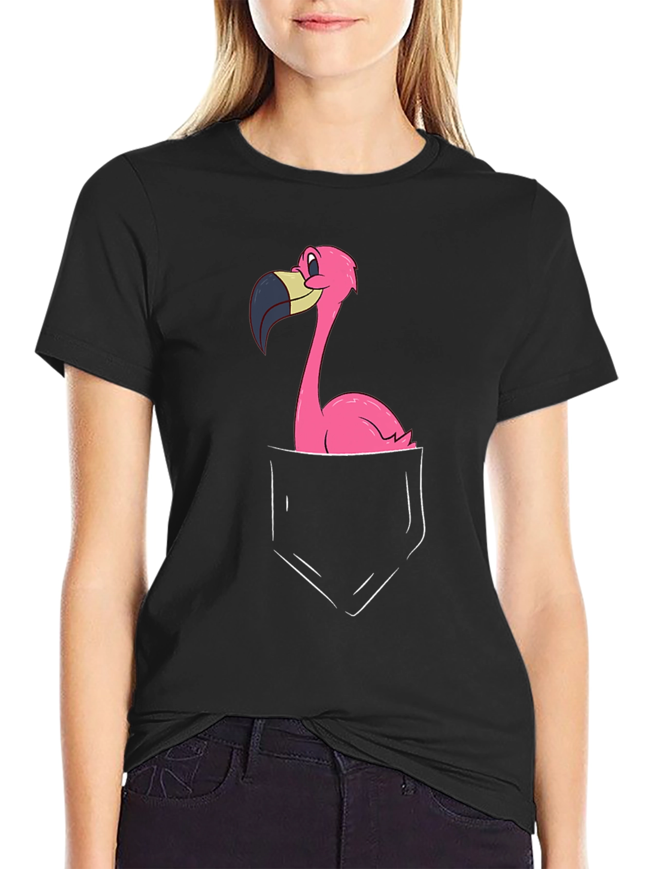Black Flamingo Pocket Graphic Tee - Black Cotton Blend view 2