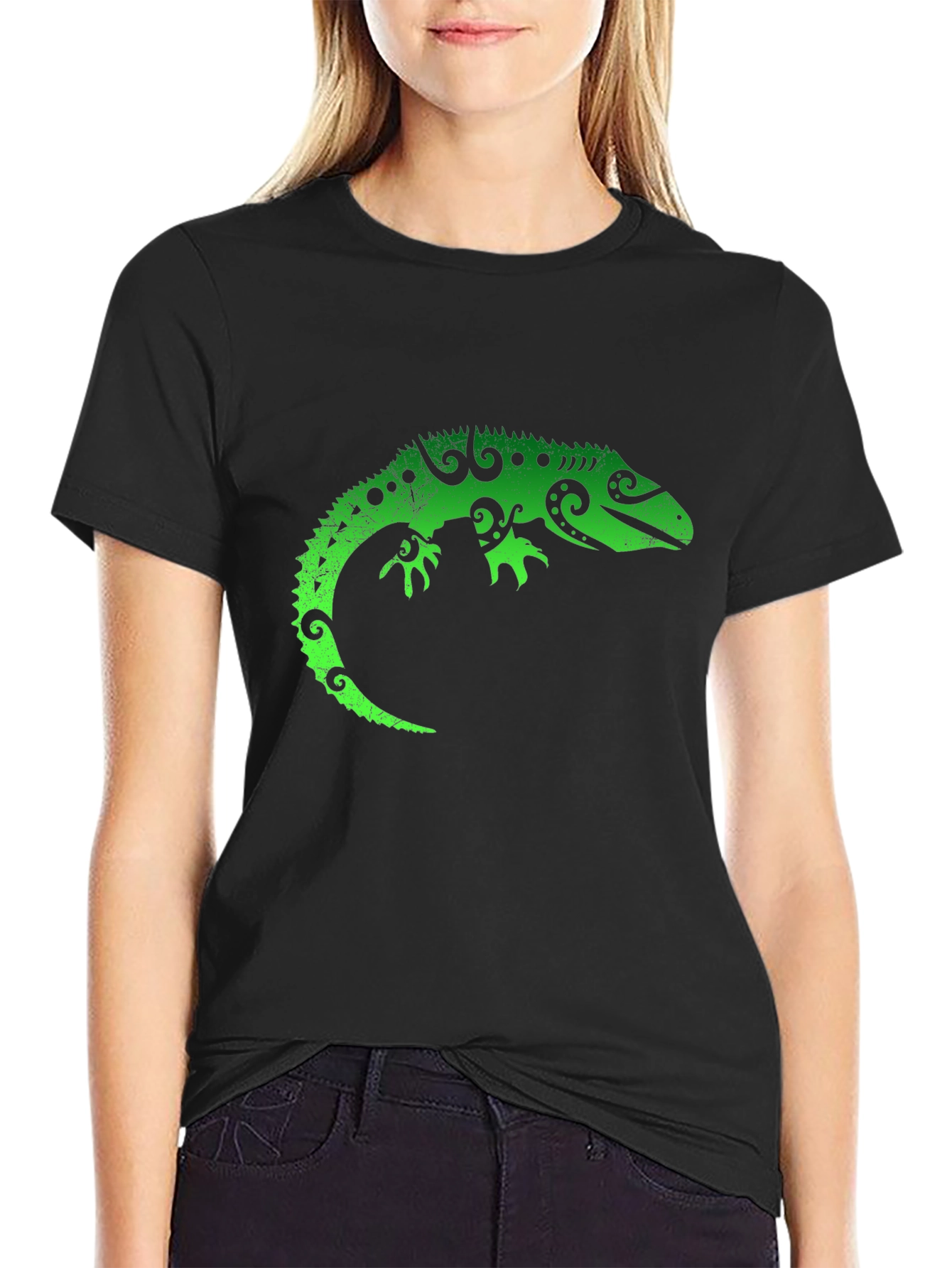 Black Green Lizard Graphic Tee - Cool Reptile T-Shirt view 2