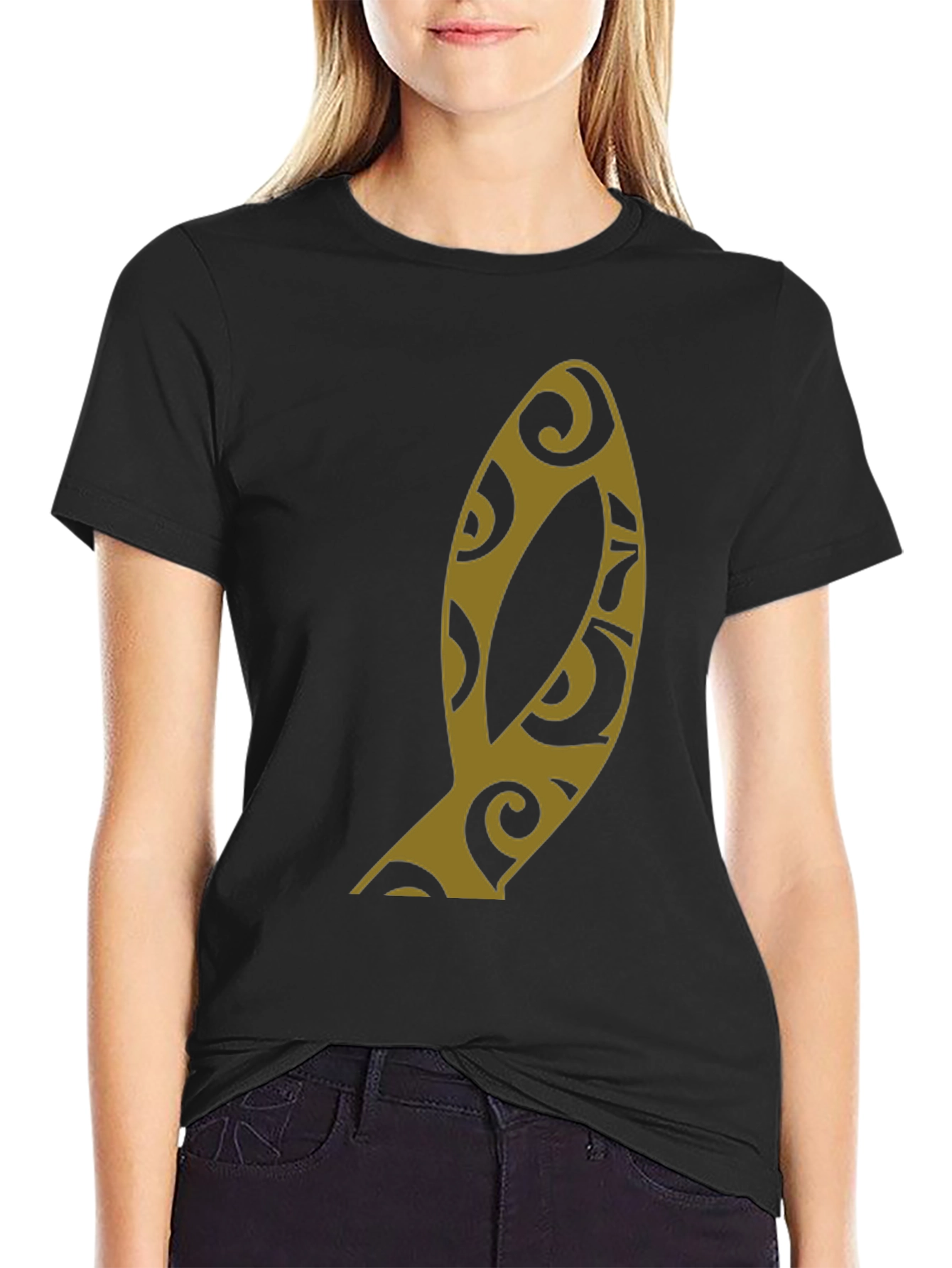Black Stylish Black T-Shirt with Unique Gold Graphic Print view 2