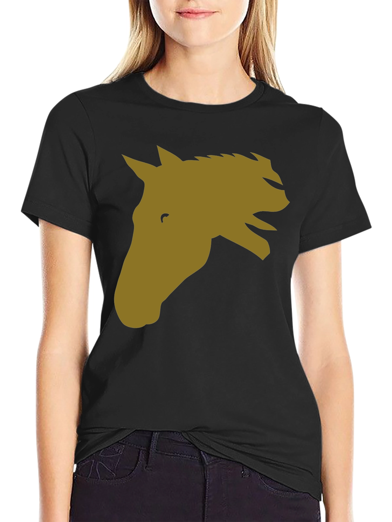 Black Horse Head Graphic Tee - Black Cotton Blend Casual T-Shirt view 2