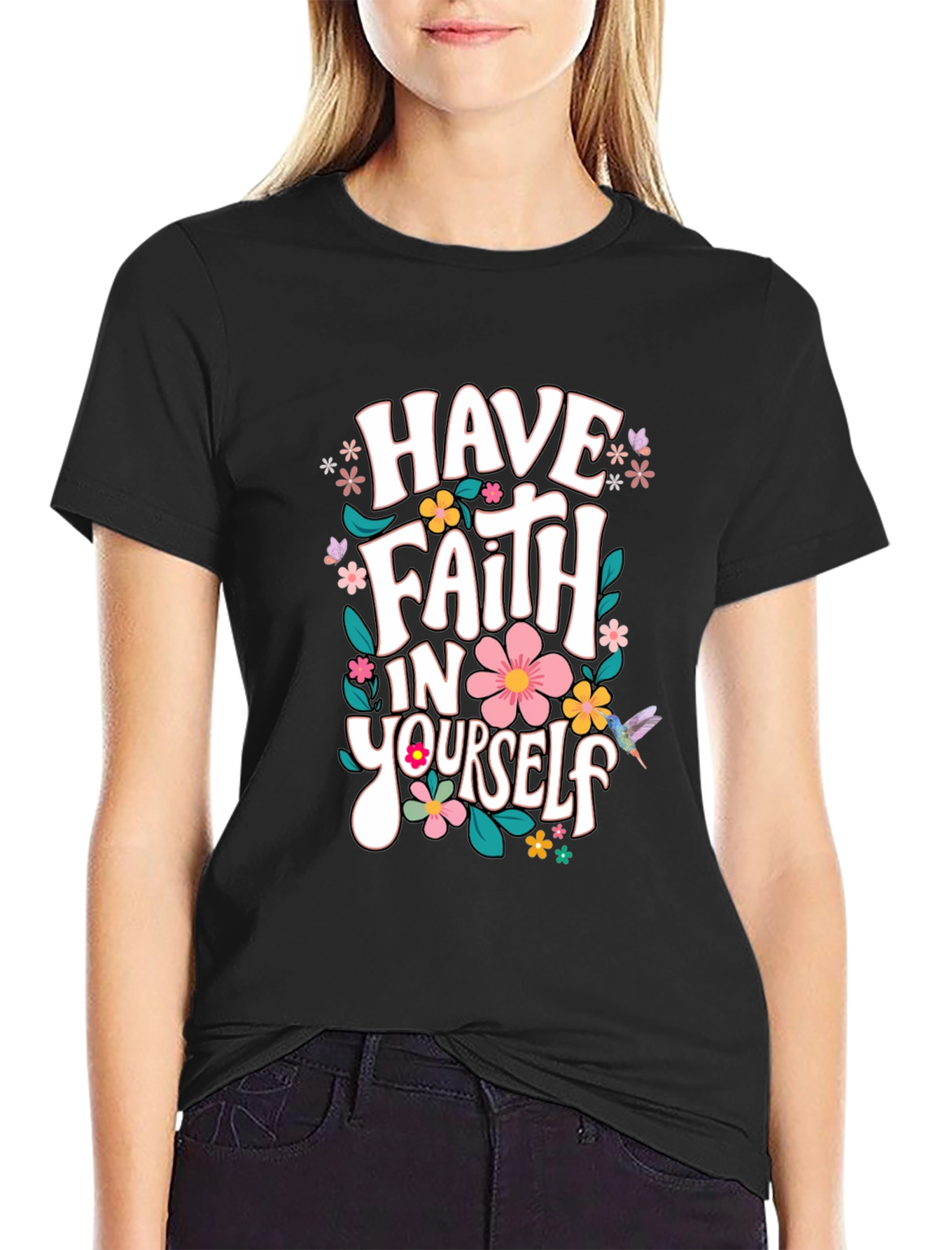 Black Faith In Yourself T-Shirt, Floral Design, Black view 2
