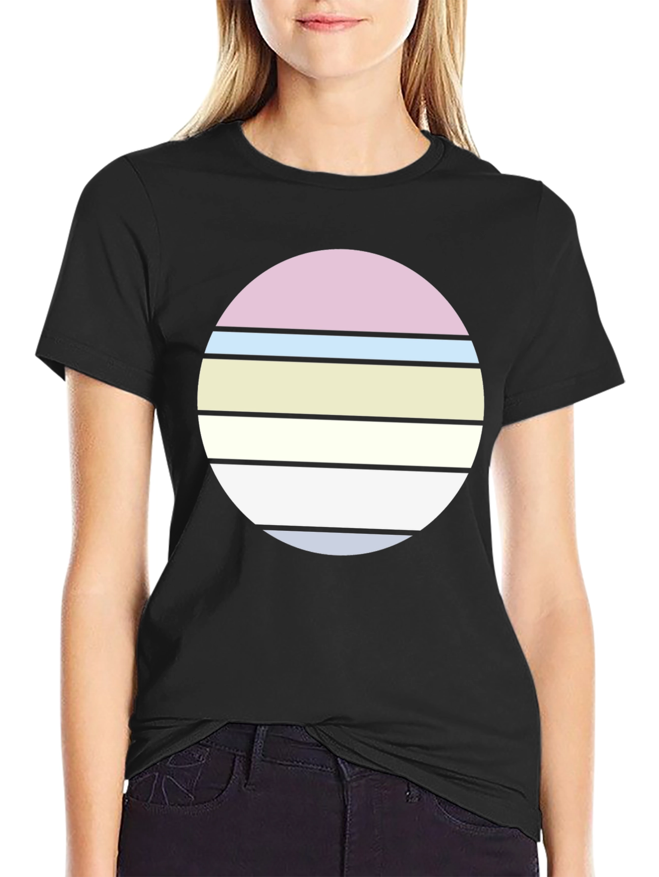 Black Retro Striped Circle Graphic T-Shirt view 2
