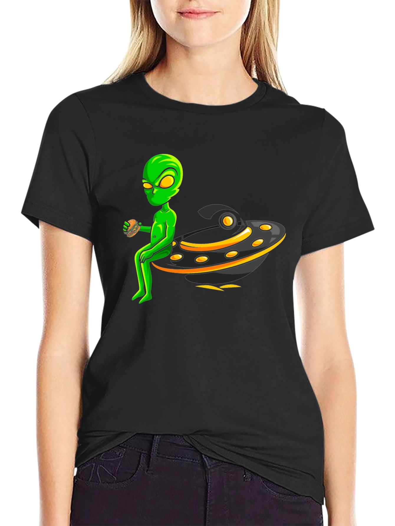 Black Alien UFO Burger Black T-Shirt view 2