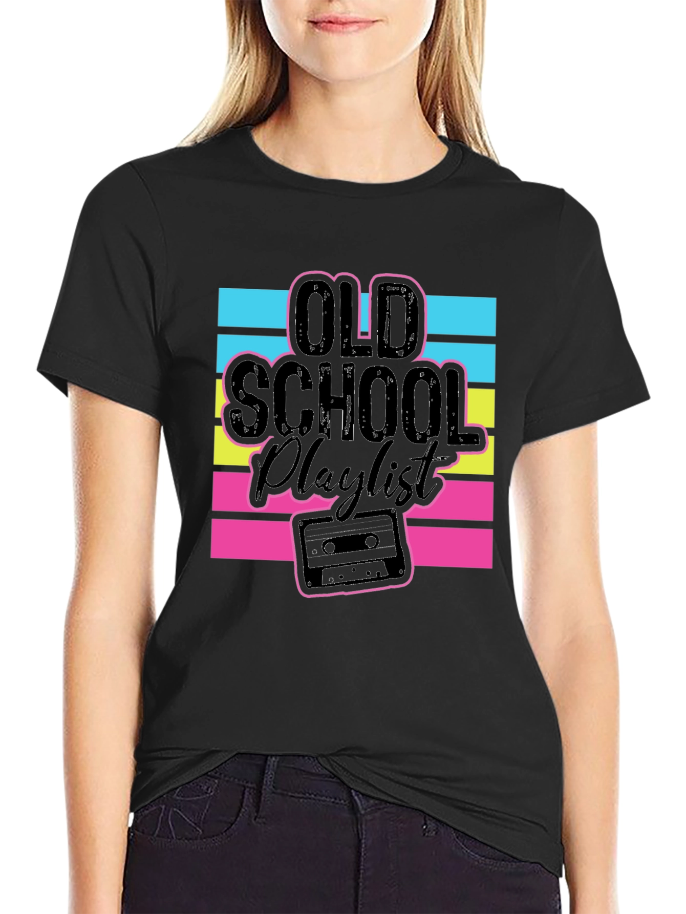 Black Old School Playlist Graphic T-Shirt view 2