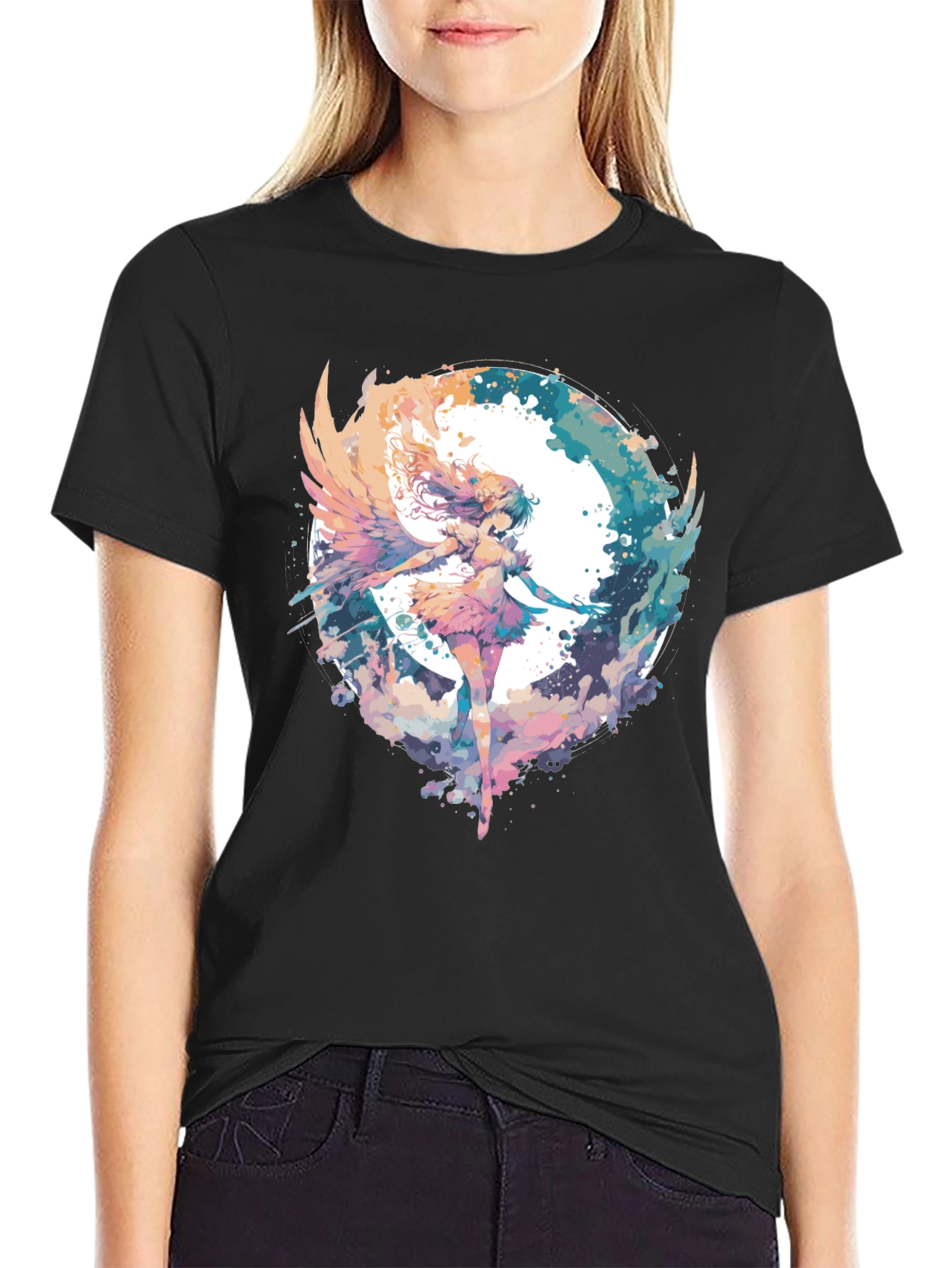 Black Anime Angel Wings T-Shirt - Watercolor Style view 2