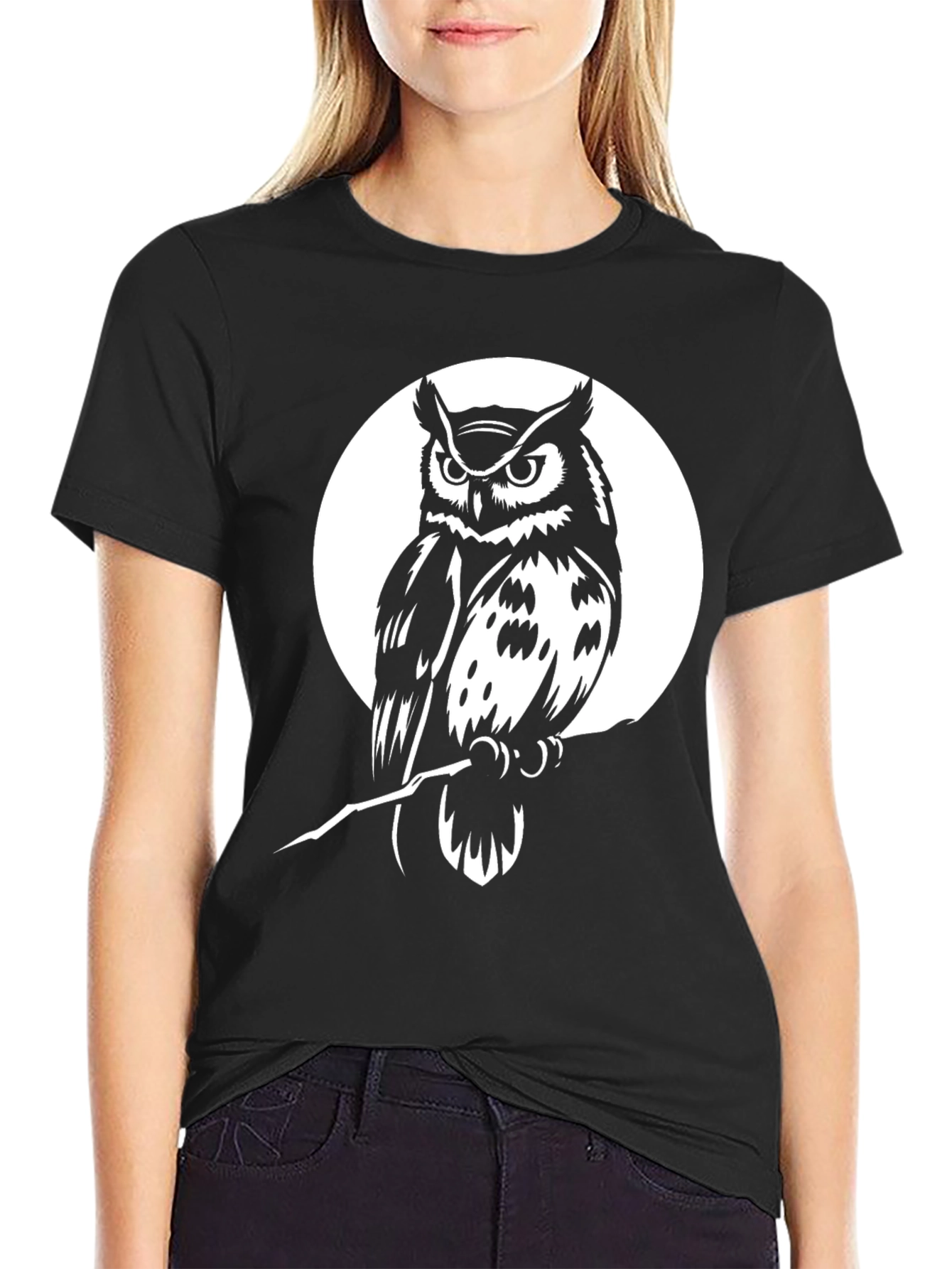 Black Owl Graphic Tee - Black Cotton Blend T-Shirt view 2