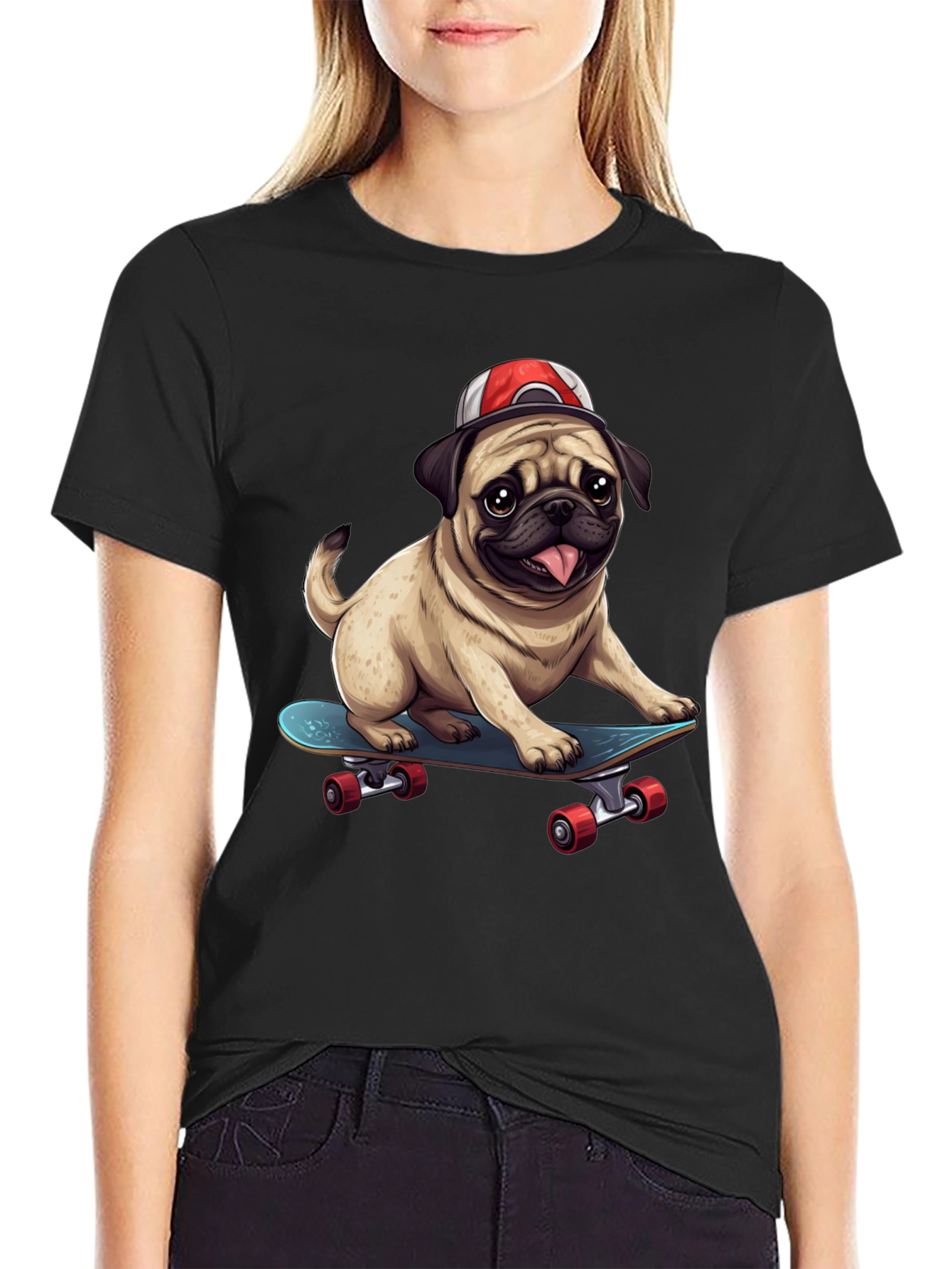 Black Pug Skateboard T-Shirt - Cool Dog Tee view 2