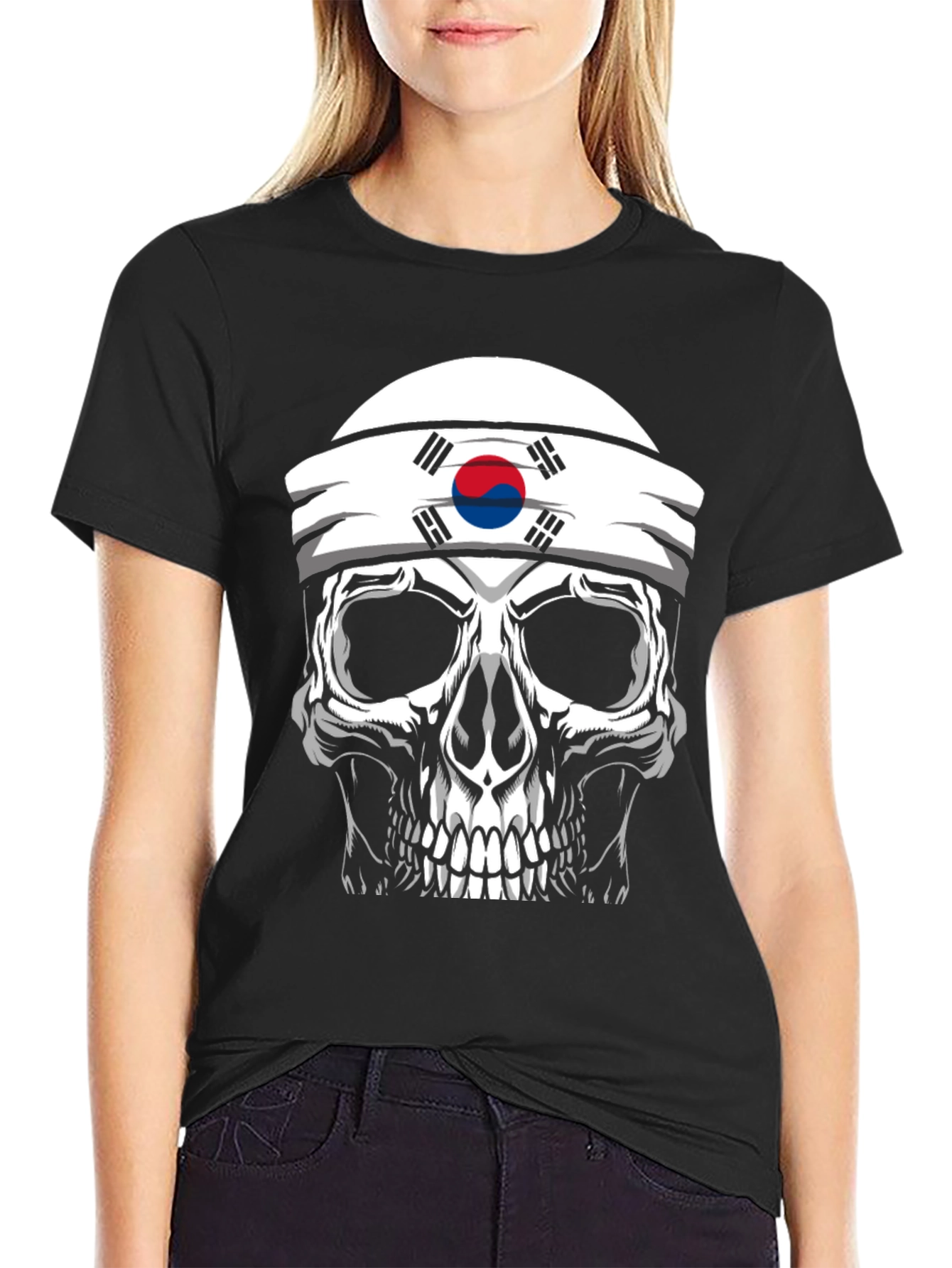 Black Skull Korea Flag Headband Men's Black T-Shirt view 2