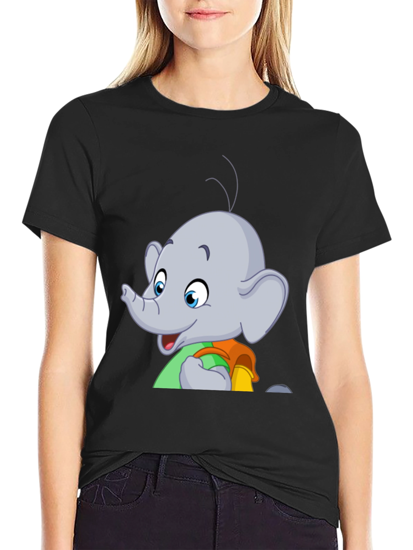 Black Elephant Cartoon T-Shirt - Black Graphic Tee view 2