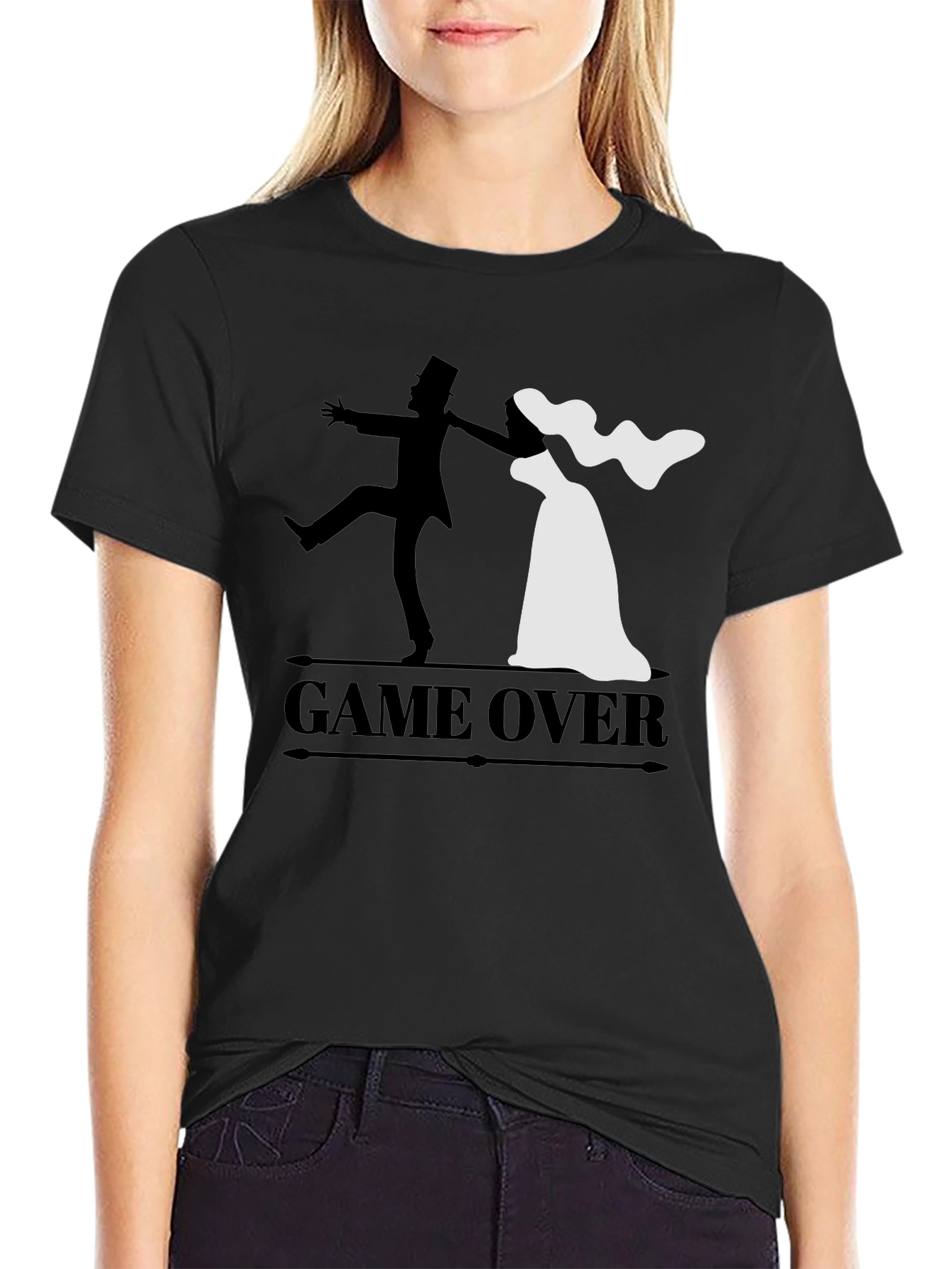 Black Game Over Groom & Bride Graphic Tee - Funny Wedding Shirt view 2