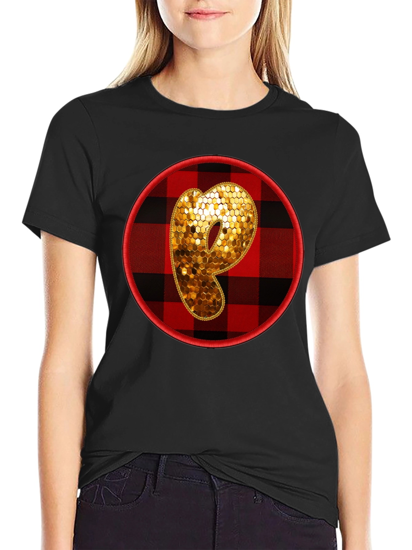 P Initial Black Tee with Plaid Circle - 2