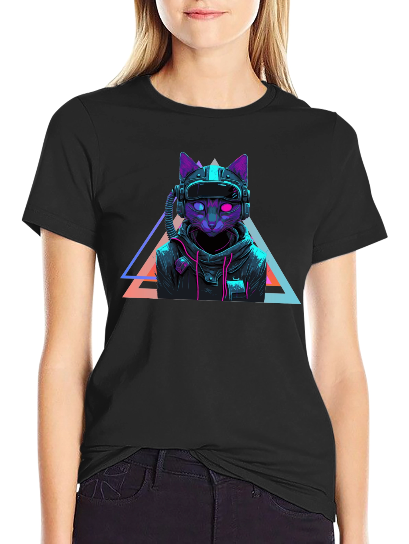 Black Cyberpunk Cat T-Shirt - Futuristic Neon Design view 2