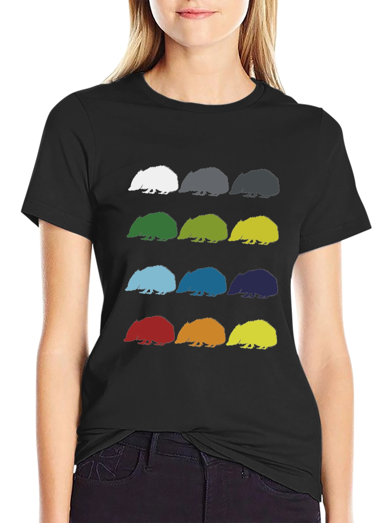 Black Colorful Hedgehog Pattern Graphic Tee - Black Cotton view 2