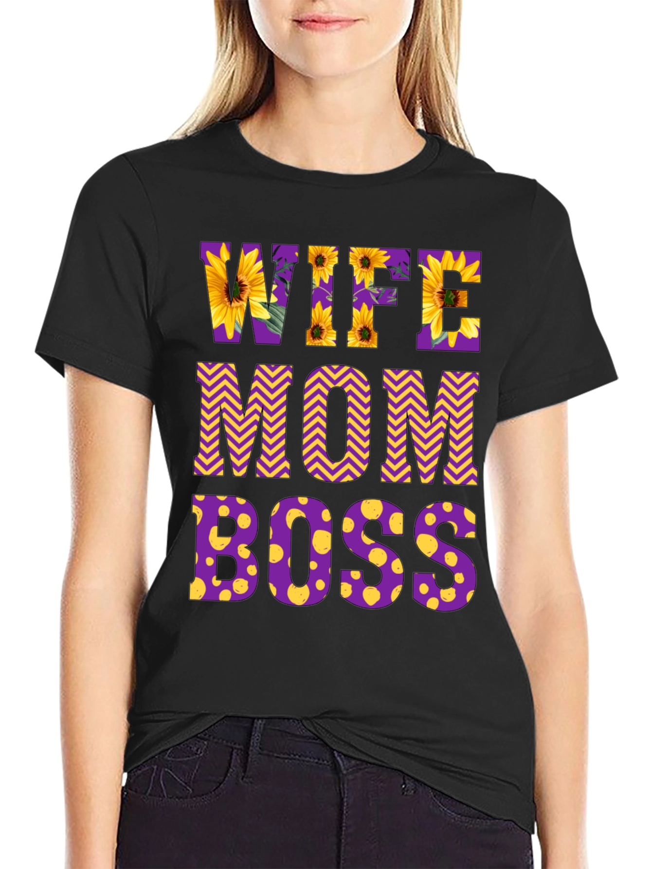 Black Wife Mom Boss Floral Graphic T-Shirt view 2