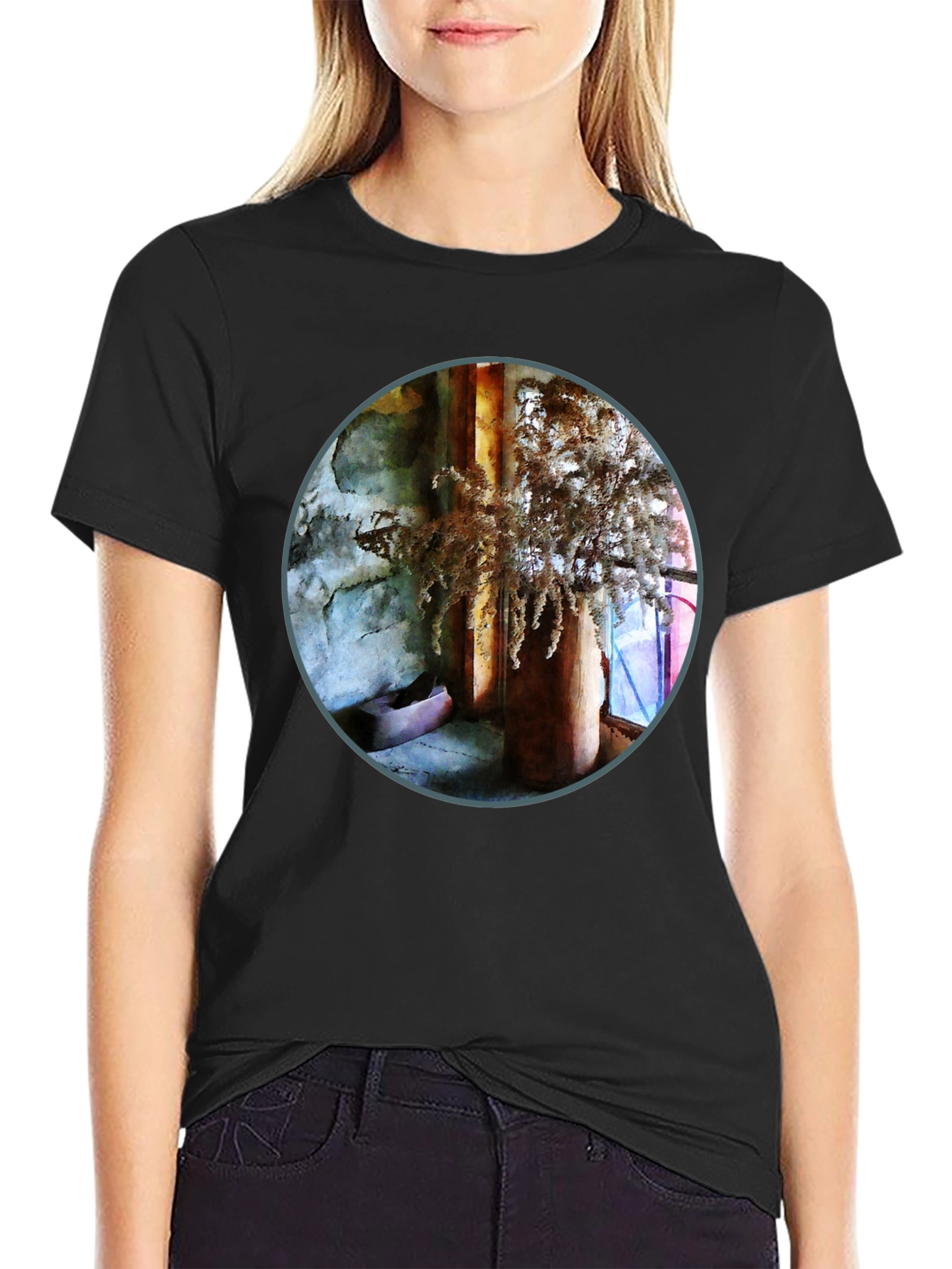 Black Abstract Art Print Crew Neck T-Shirt view 2