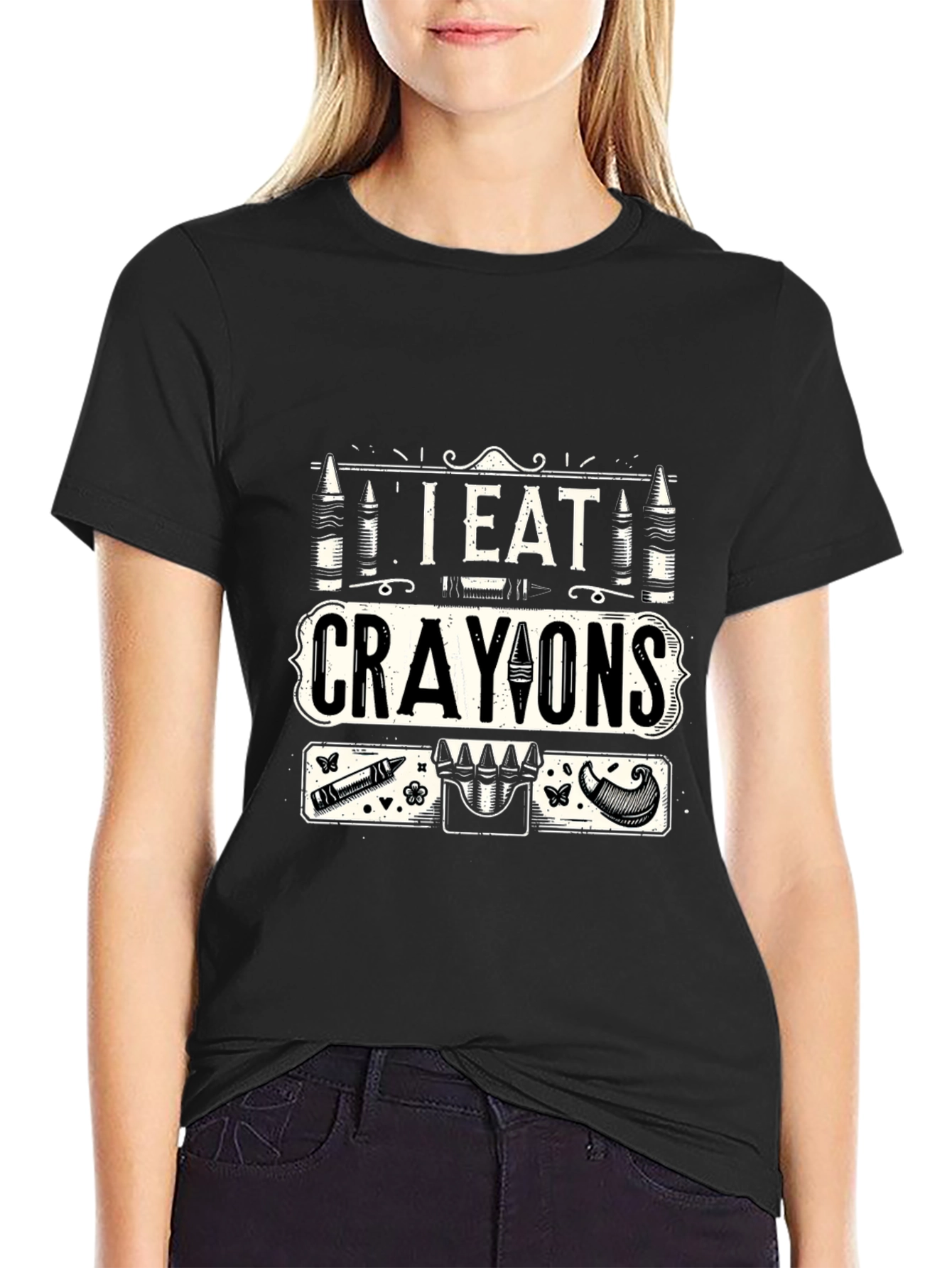 Black I Eat Crayons Graphic T-Shirt - Funny Novelty Tee view 2