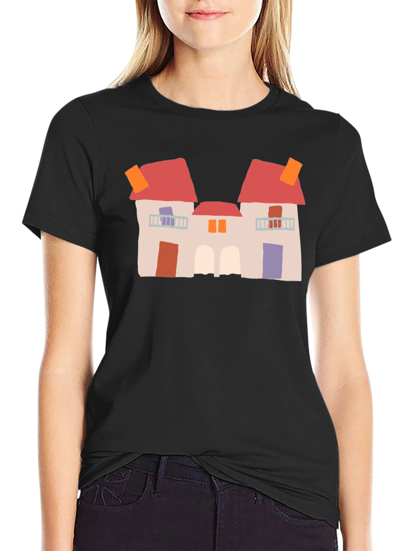 Black Quirky House Print Black T-Shirt view 2