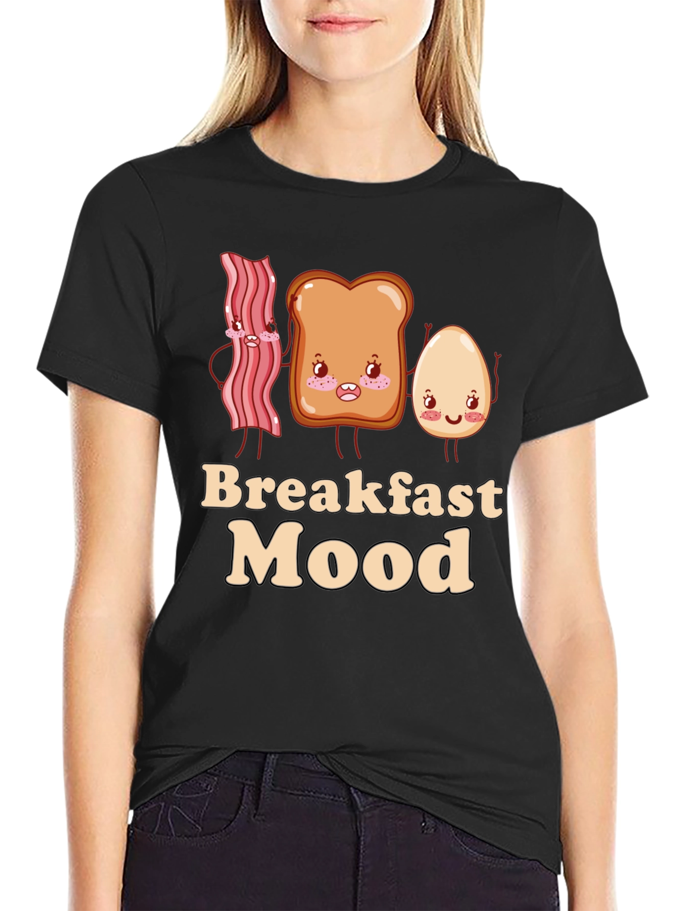Black Breakfast Mood Cartoon Graphic T-Shirt view 2