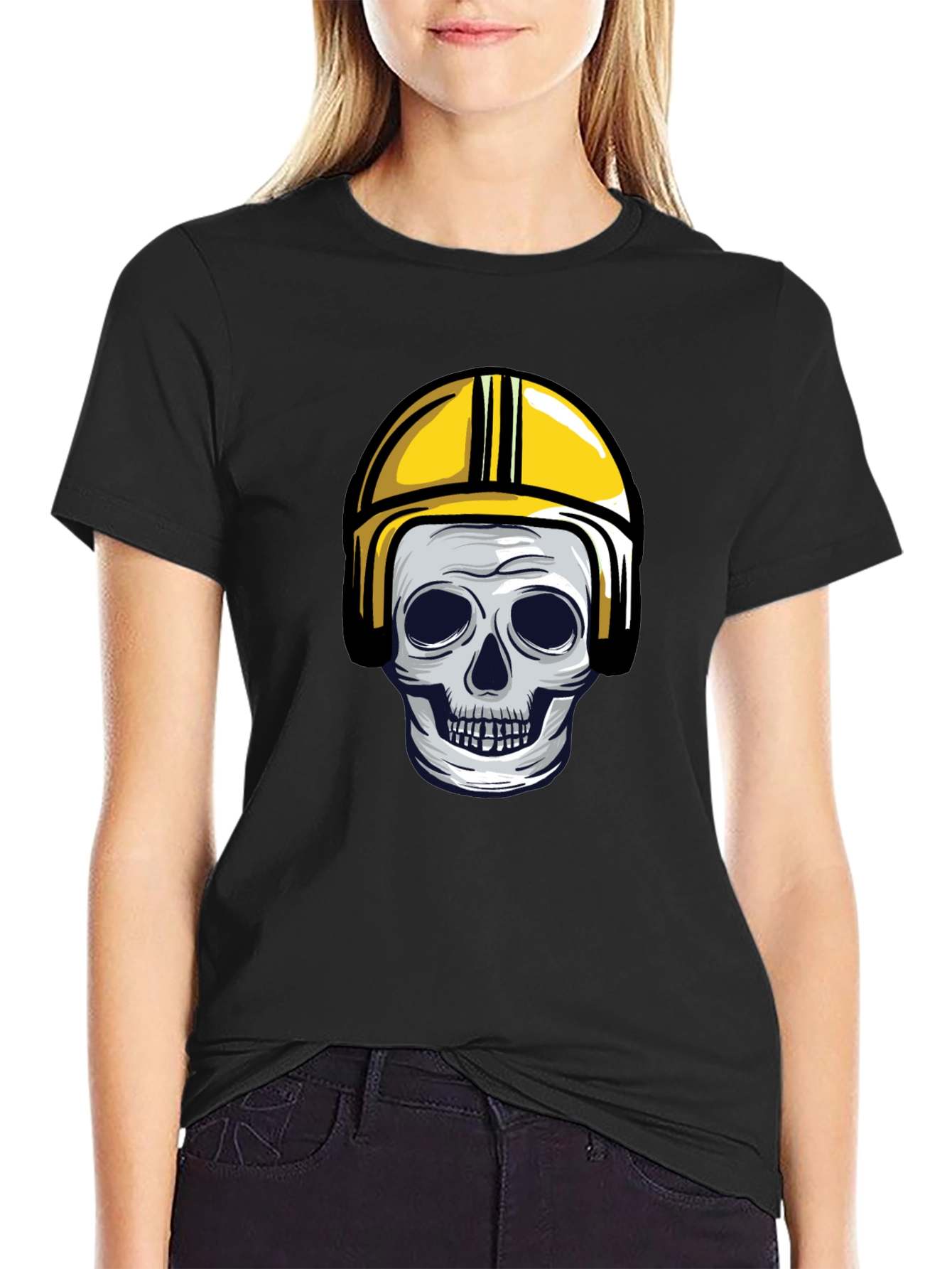 Black Skull in Yellow Helmet Graphic Tee view 2