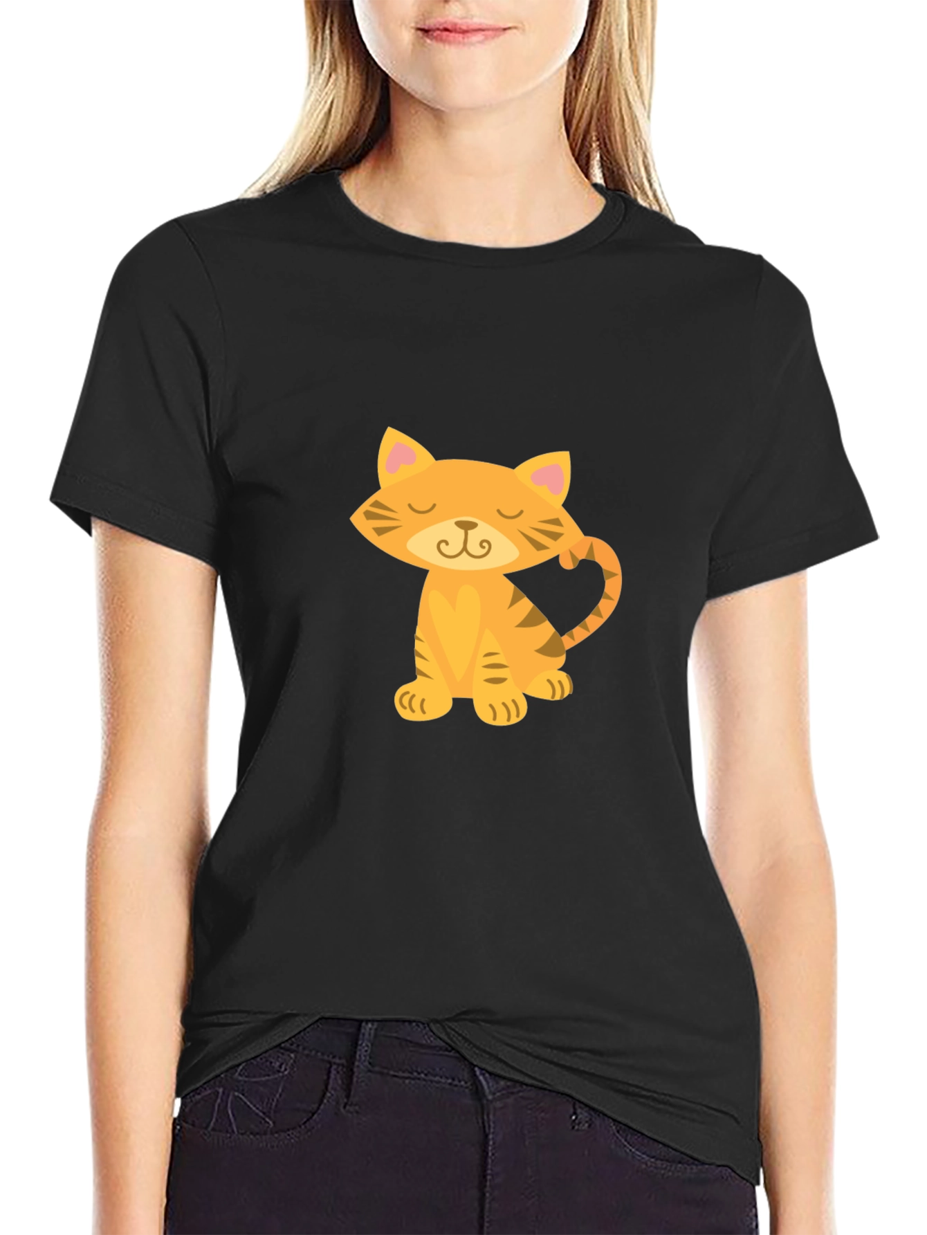 Black Cute Cartoon Cat Graphic Tee - Black Cotton T-Shirt view 2