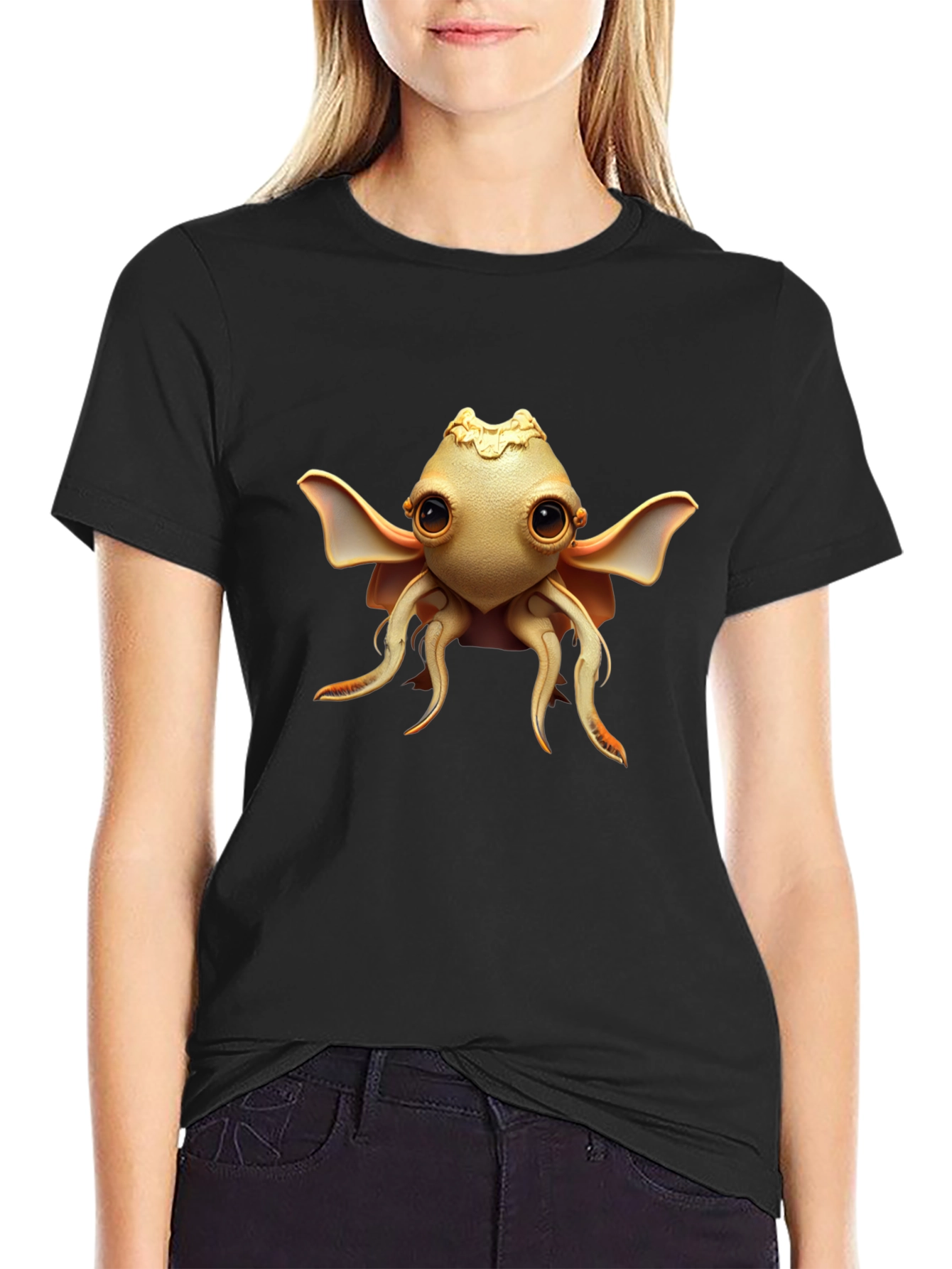 Black Cute Cthulhu Graphic Tee - Black Cotton Blend view 2
