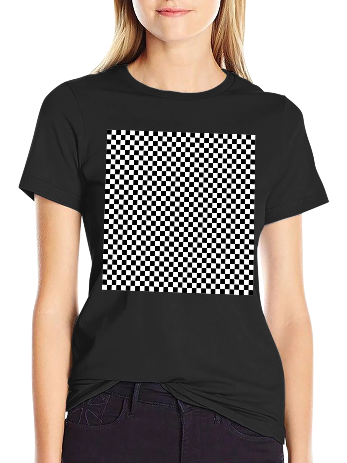 Black Checkered Pattern Black T-Shirt view 2