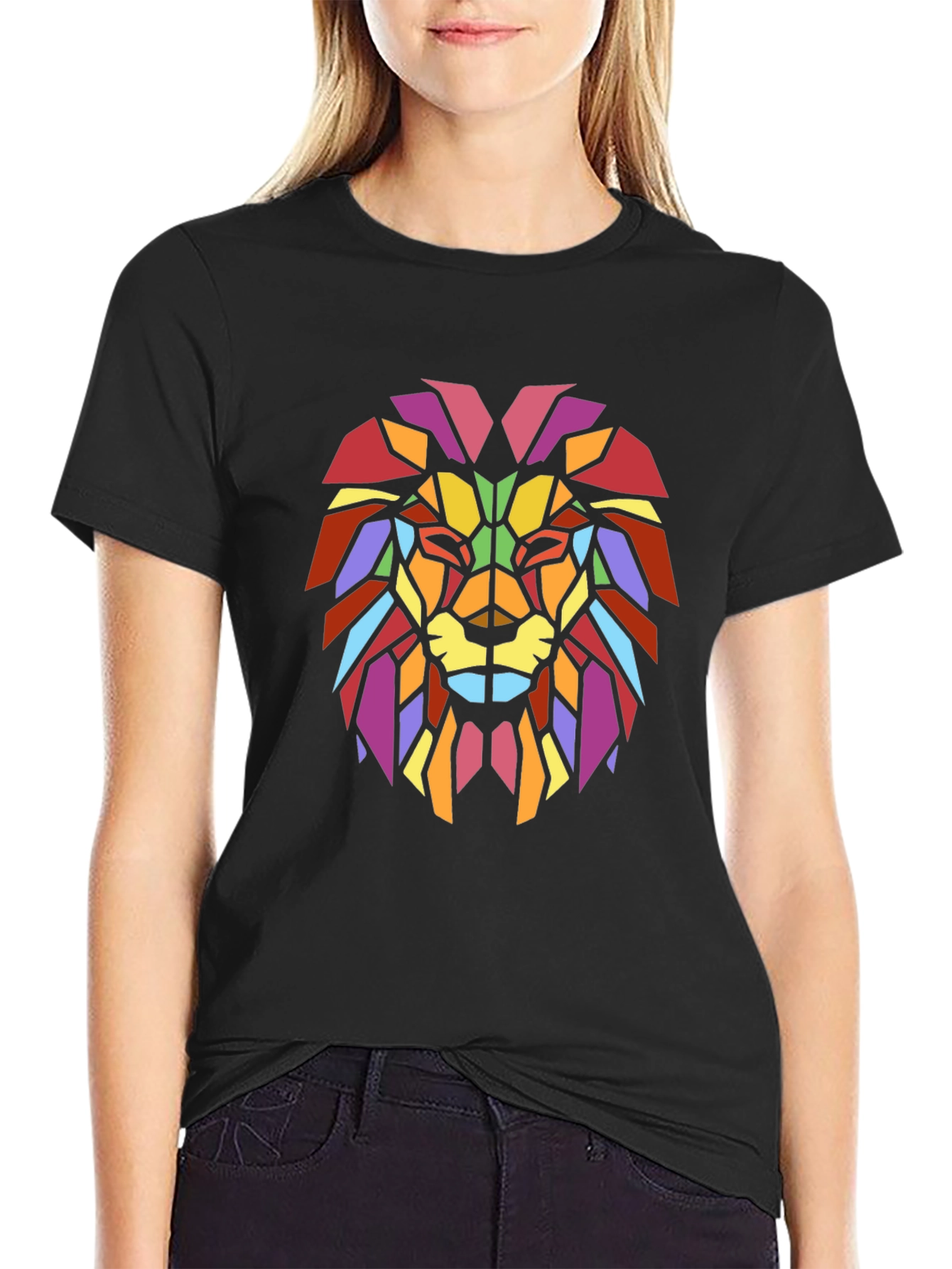 Black Geometric Lion Graphic Tee - Modern Men's Black T-Shirt view 2