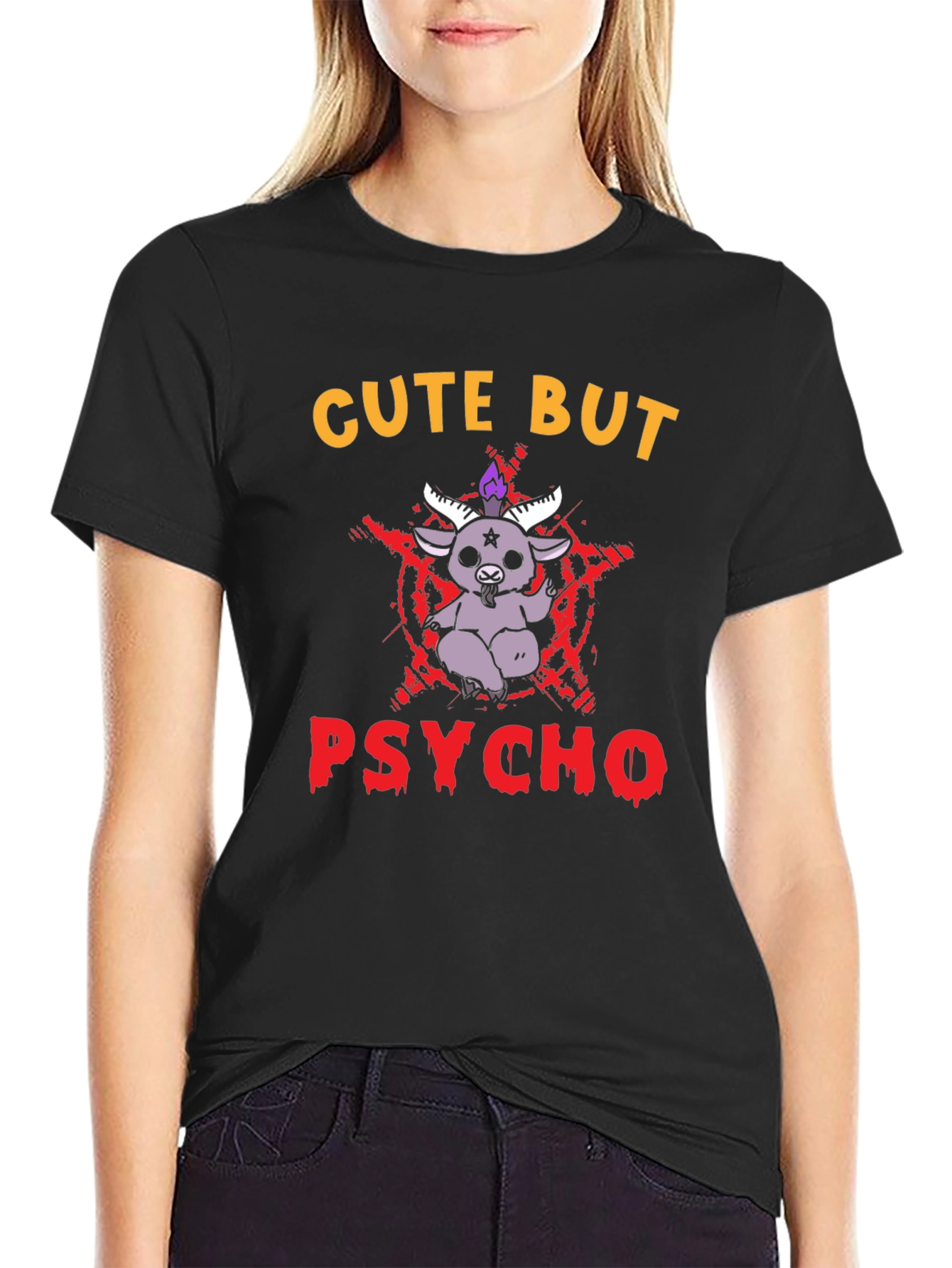 Black Cute But Psycho T-Shirt - Baphomet Graphic Tee view 2