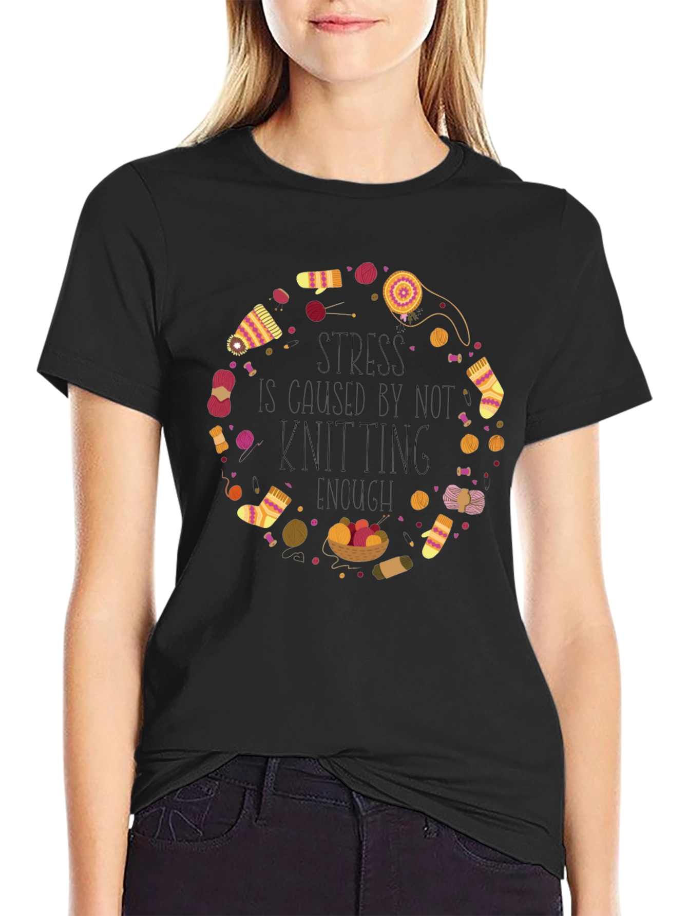 Black Knitting Circle Graphic Tee - Cozy Crafting Shirt view 2