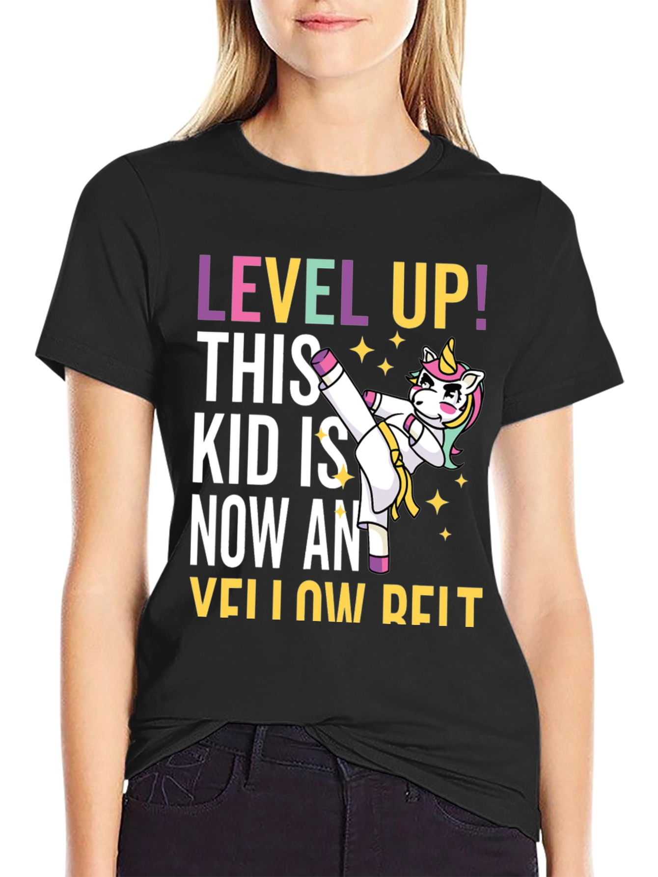 Black Level Up Yellow Belt Unicorn T-Shirt view 2