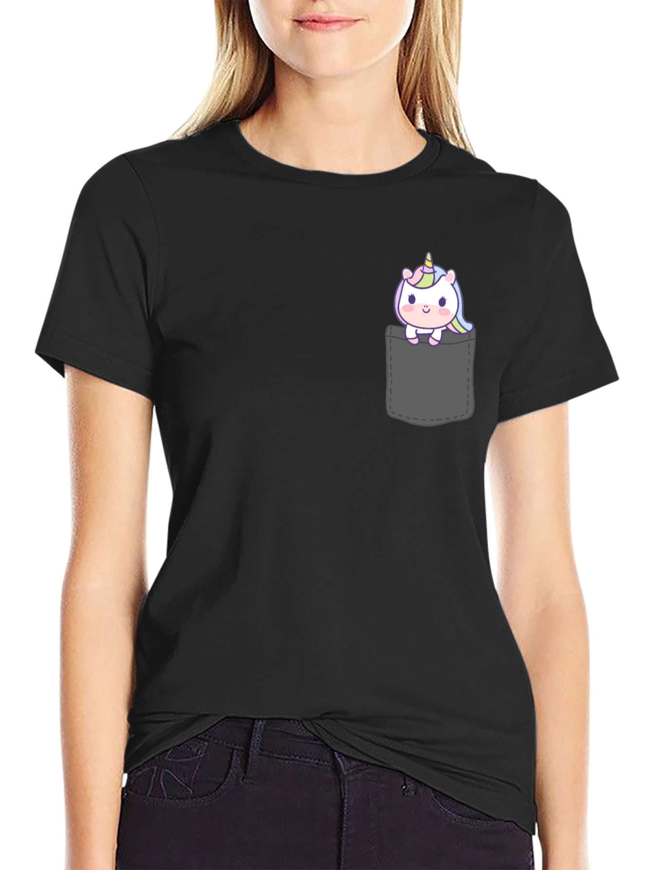 Black Unicorn Pocket T-Shirt - Cute Graphic Tee view 2