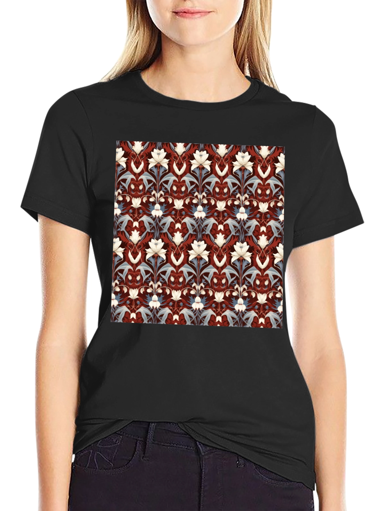 Black Floral Patterned Black T-Shirt view 2
